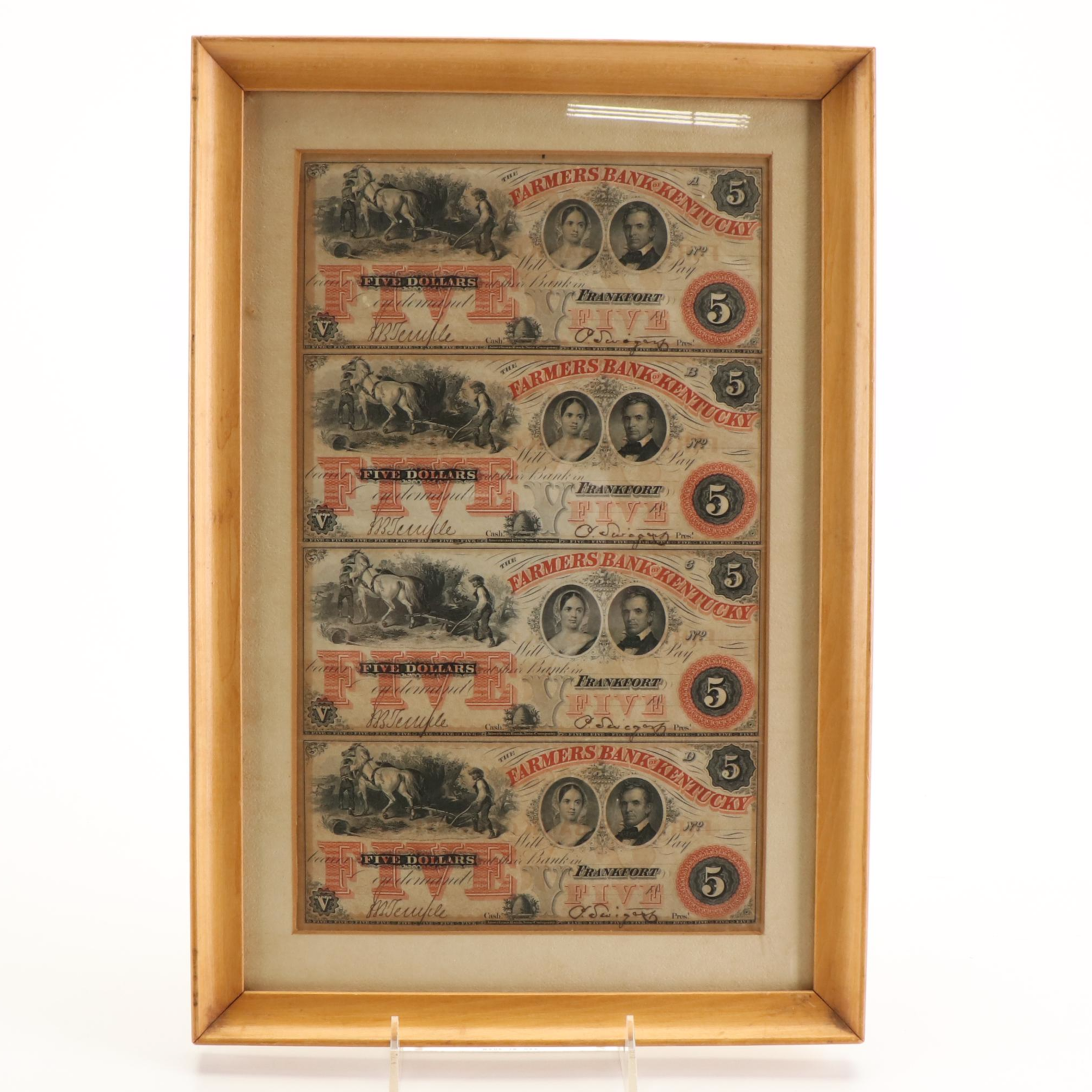 Uncut Sheet of 19th Century $5 Bank Notes from the Farmers Bank of Kentucky