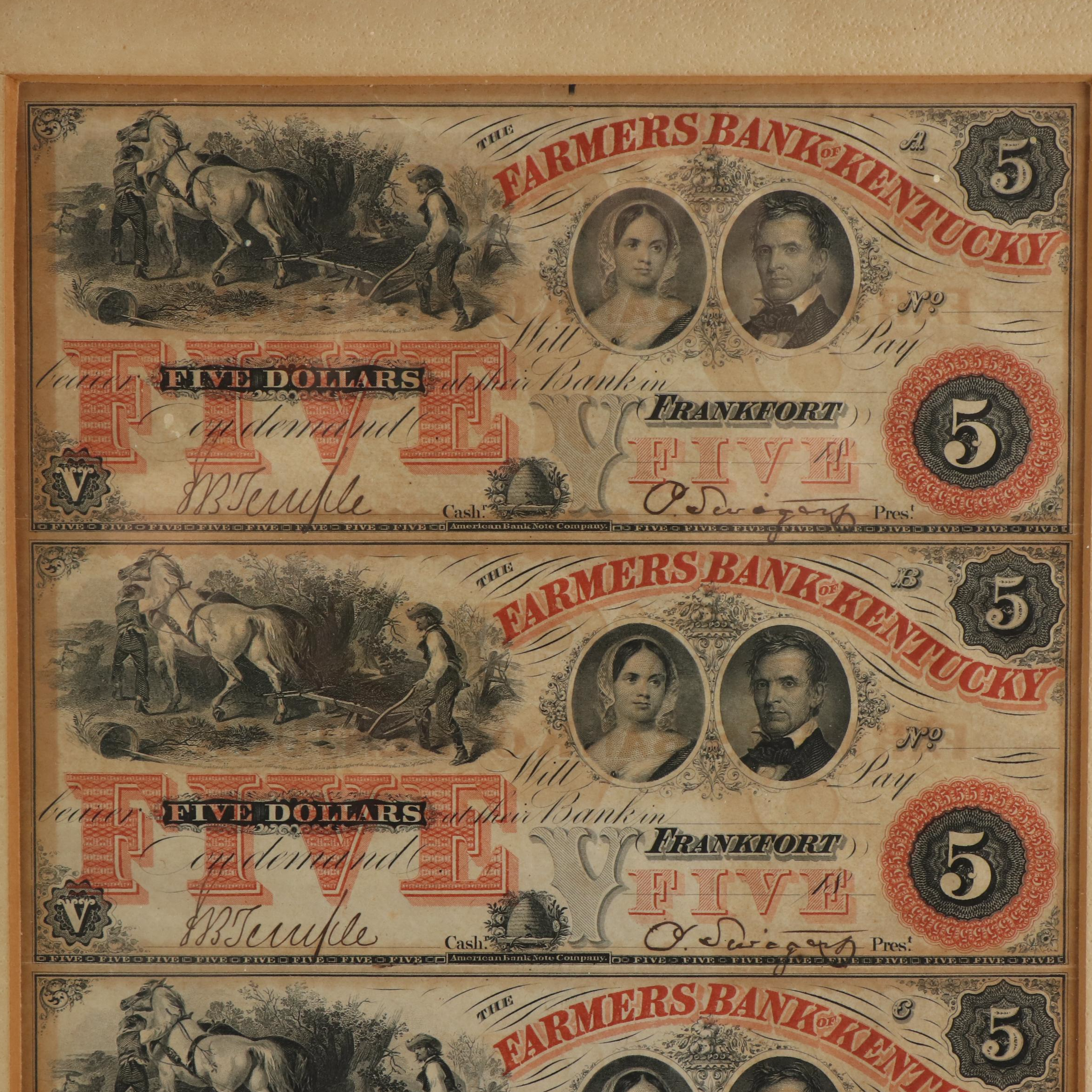 Uncut Sheet of 19th Century $5 Bank Notes from the Farmers Bank of Kentucky