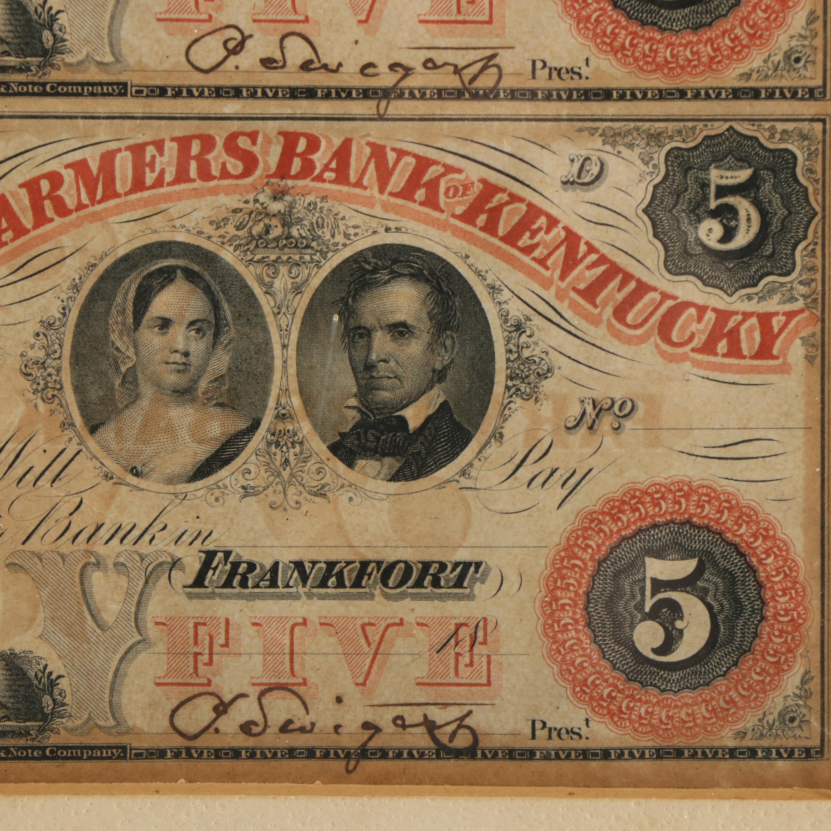 Uncut Sheet of 19th Century $5 Bank Notes from the Farmers Bank of Kentucky