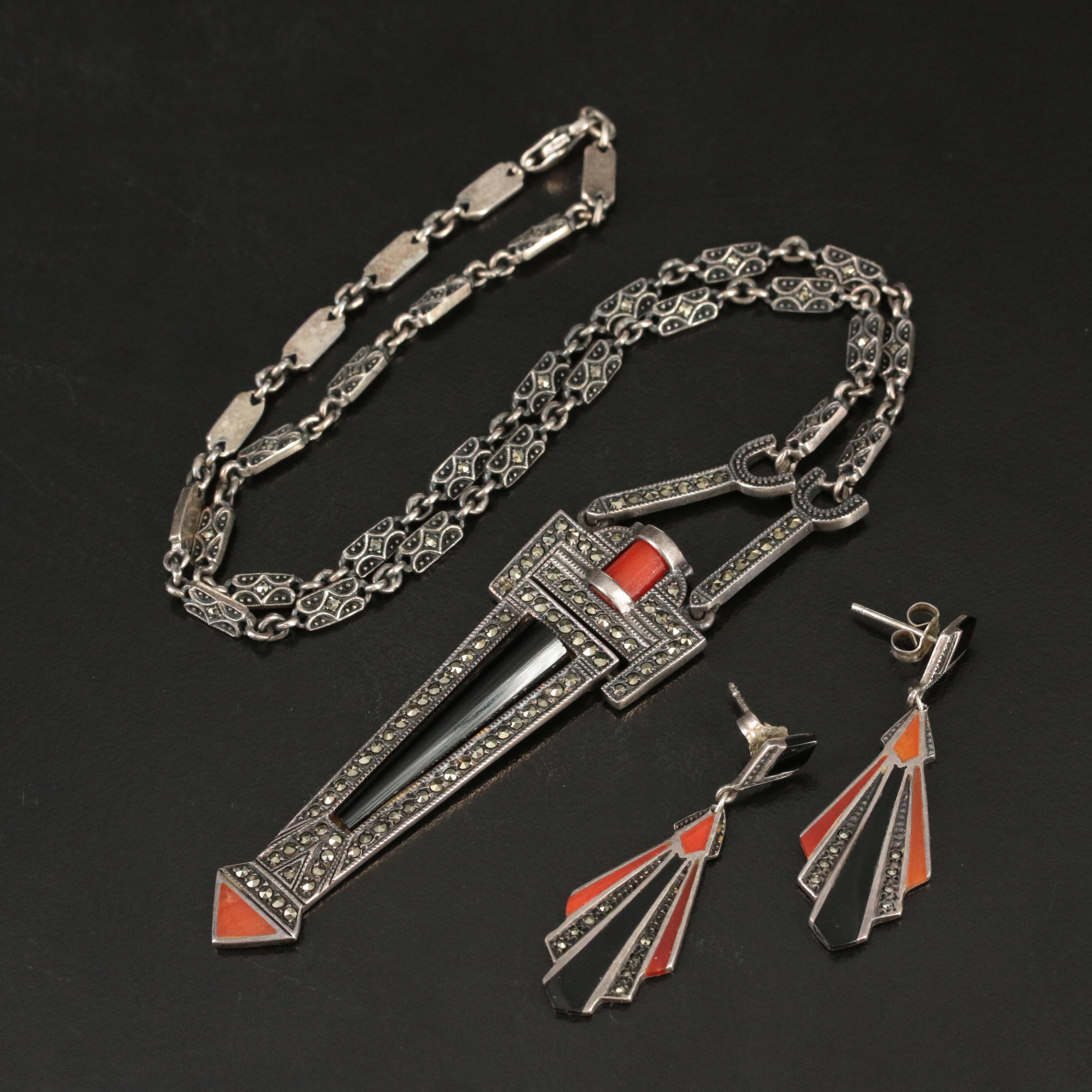 Sterling Necklace and Earrings Including Black Onyx and Coral