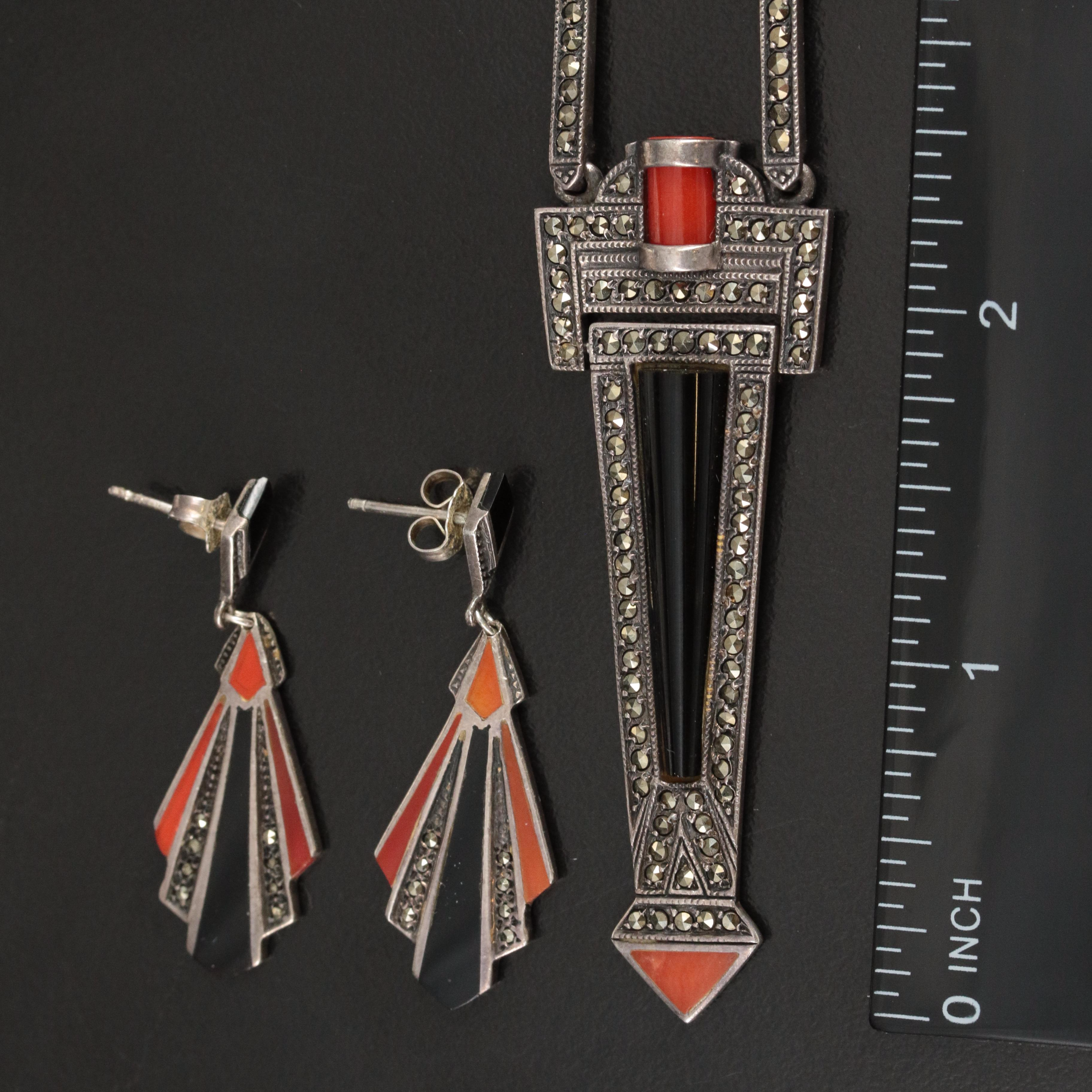 Sterling Necklace and Earrings Including Black Onyx and Coral