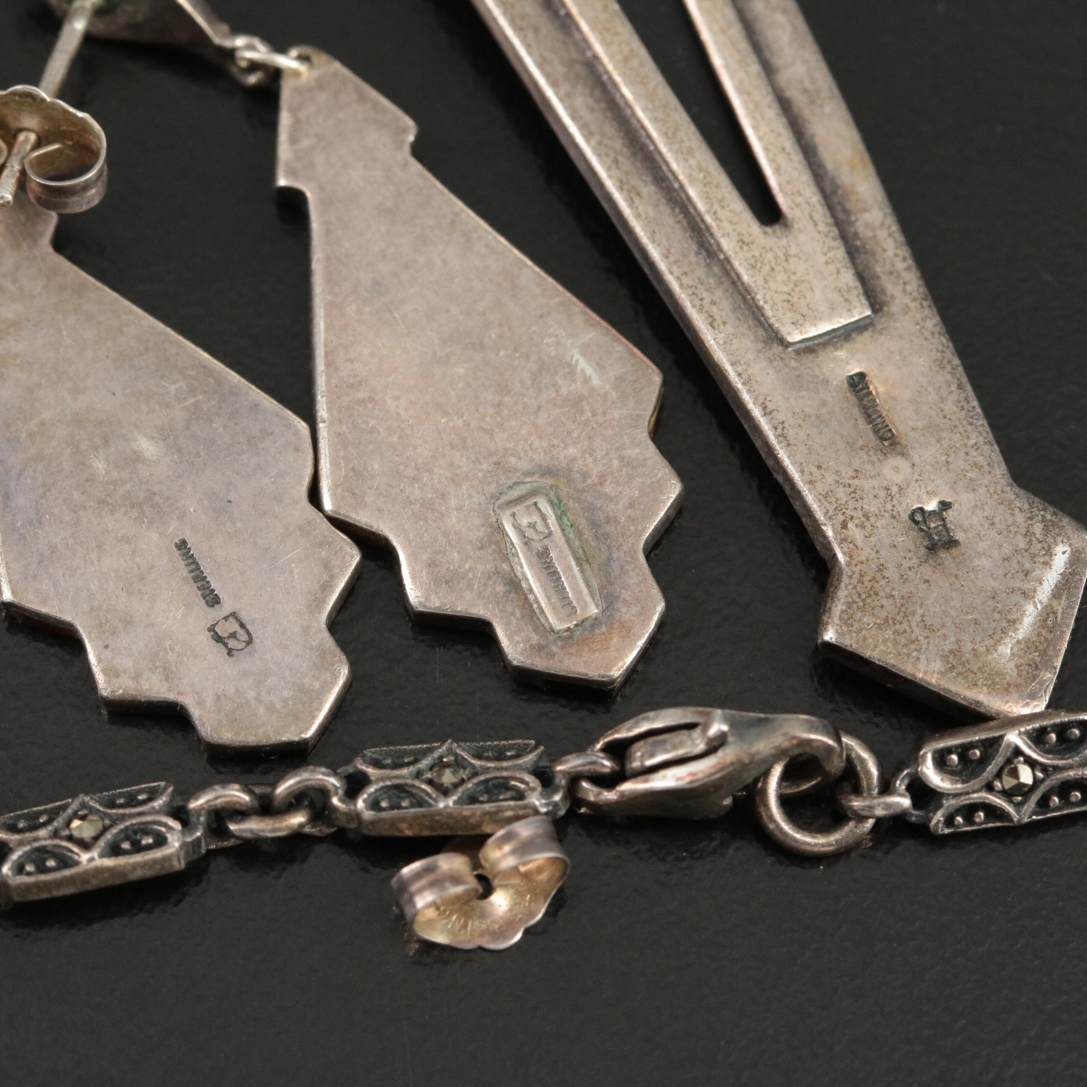 Sterling Necklace and Earrings Including Black Onyx and Coral