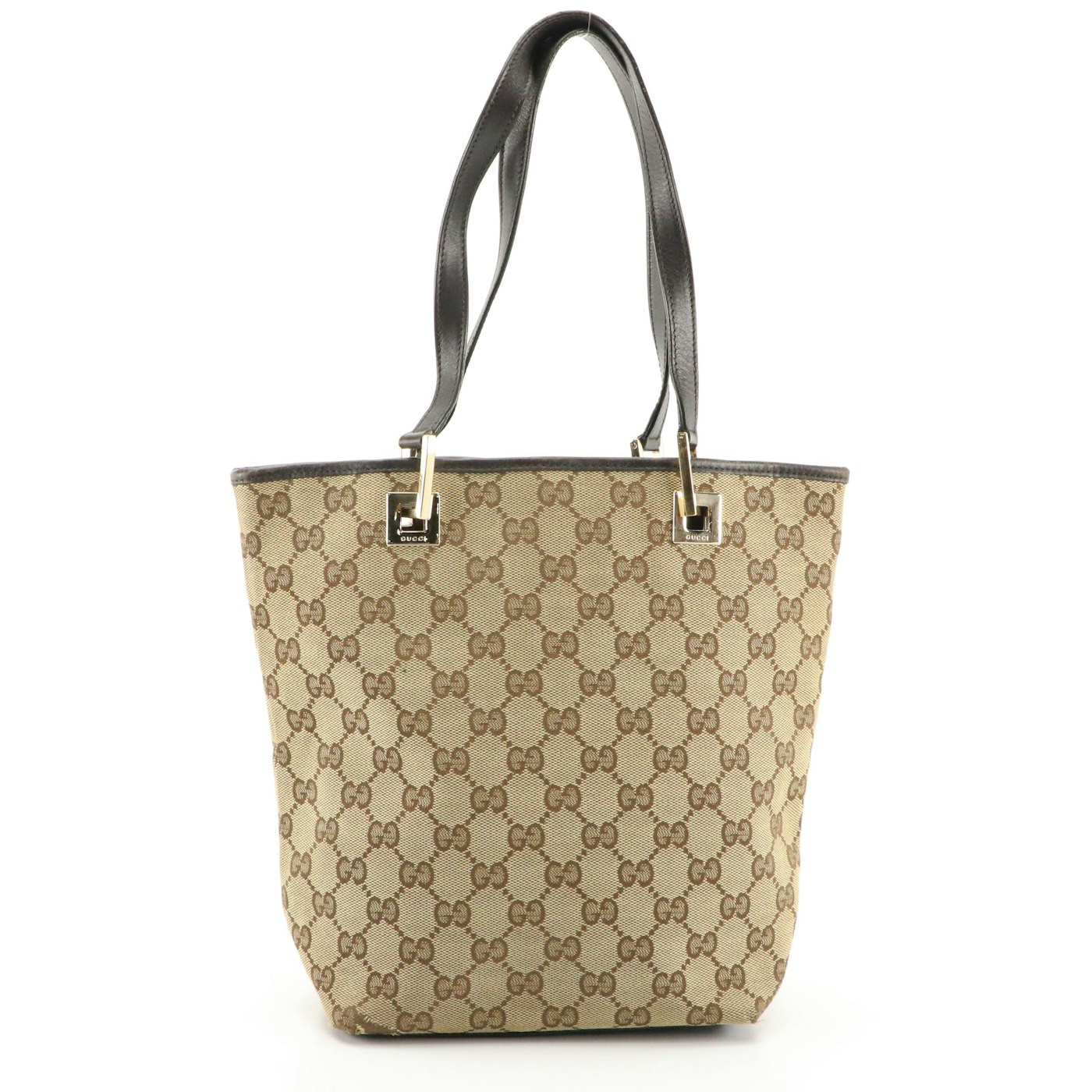 Gucci Handbag Tote in GG Canvas with Brown Leather Trim | EBTH