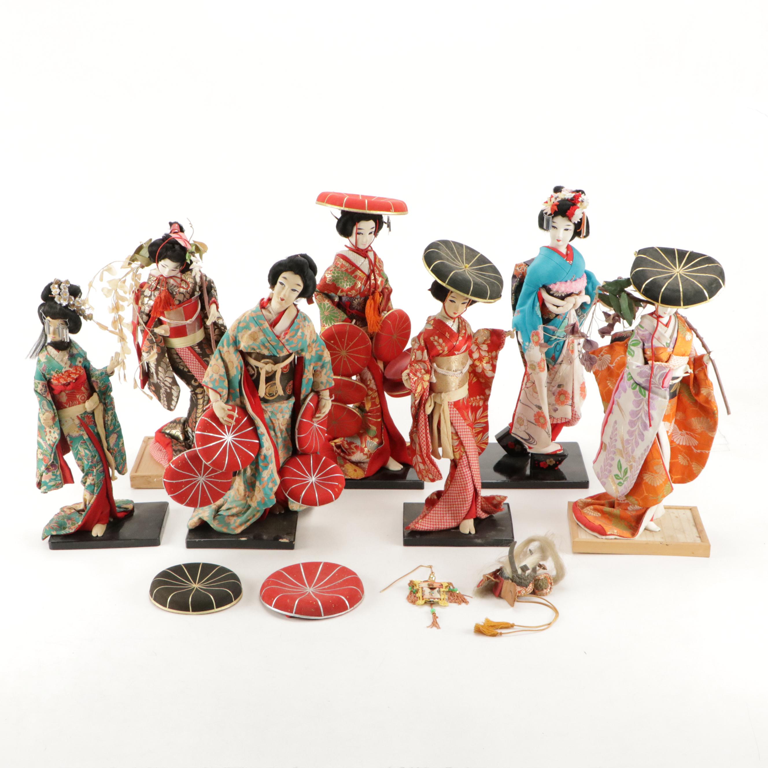 Japanese Silk and Composition Geisha Dolls