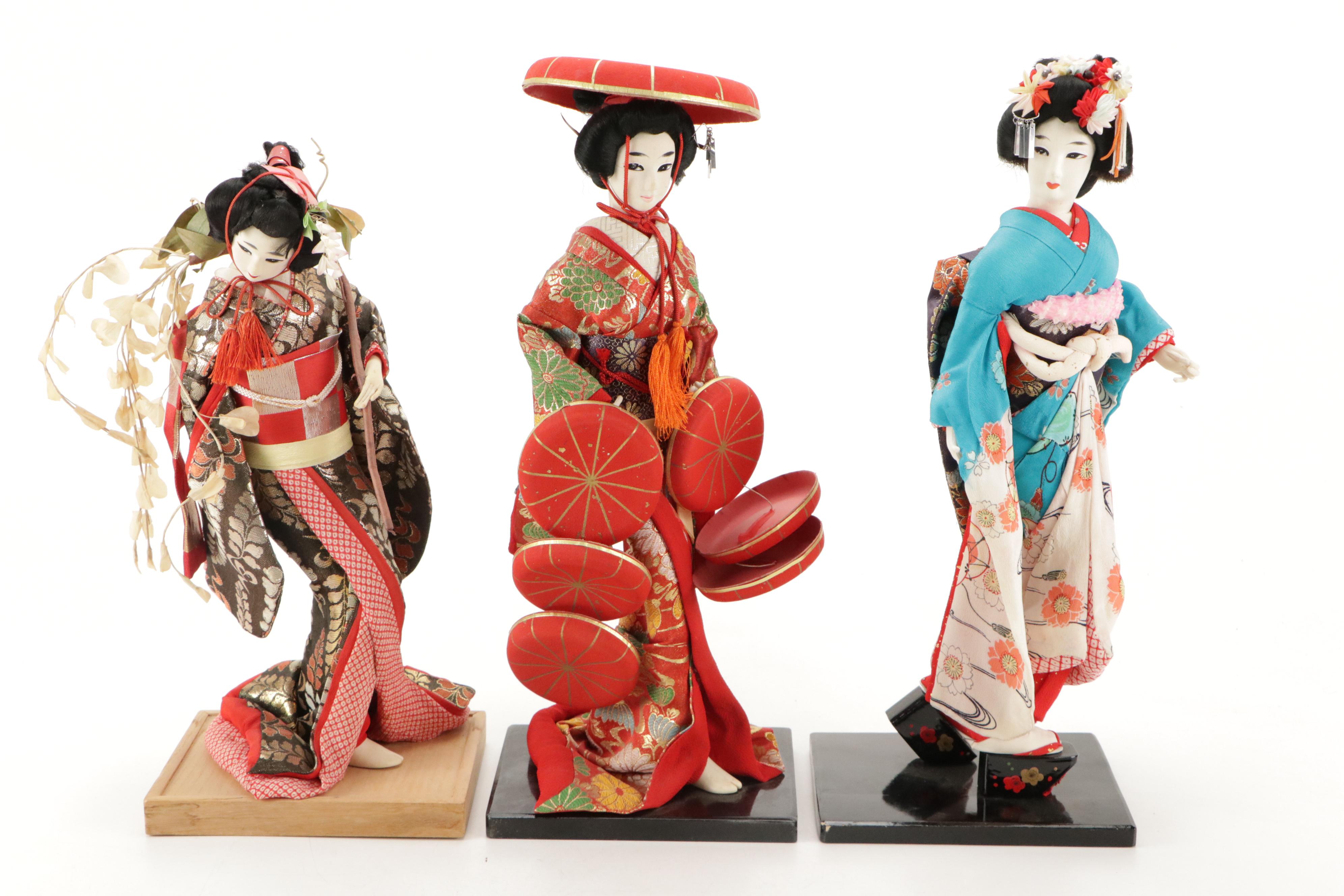 Japanese Silk and Composition Geisha Dolls