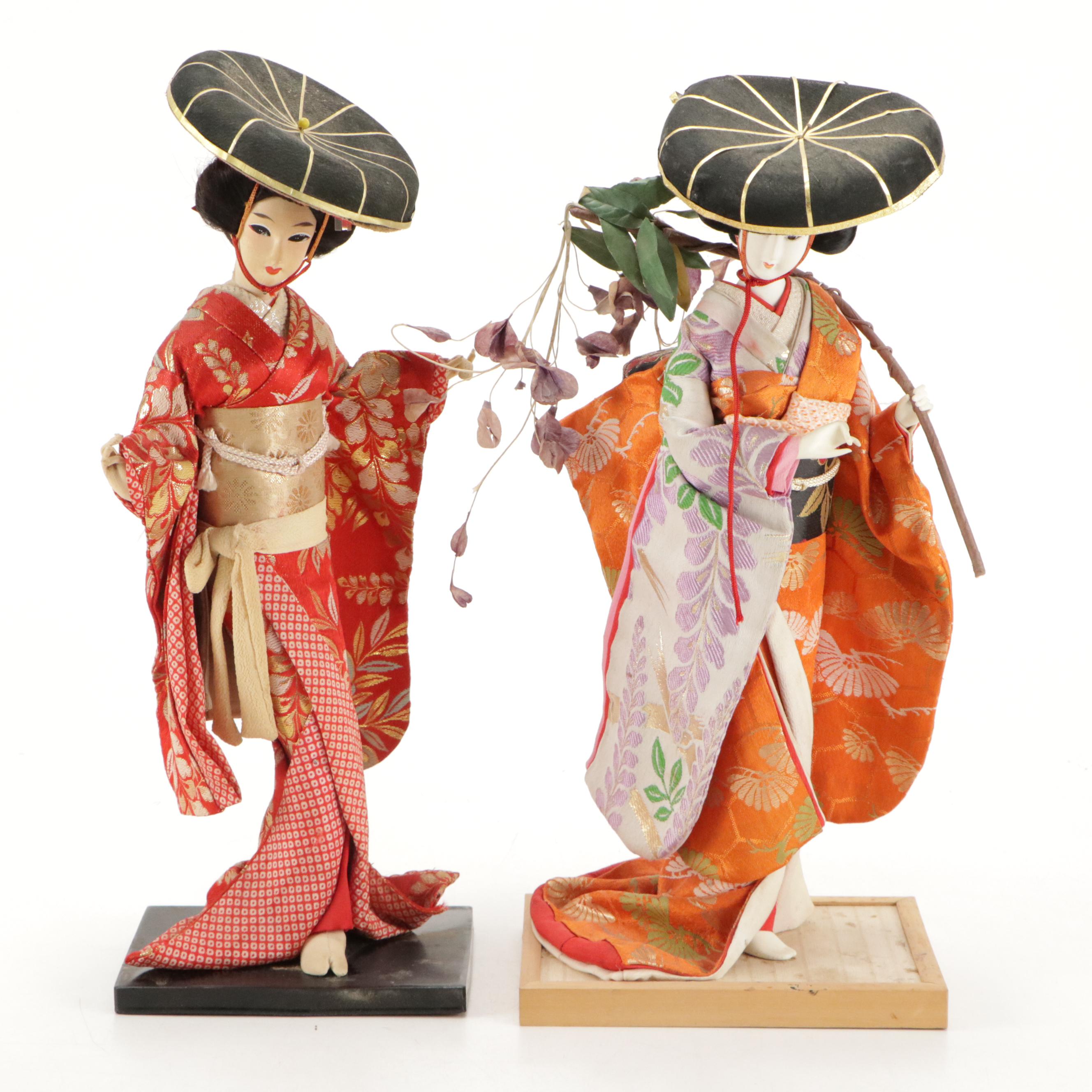 Japanese Silk and Composition Geisha Dolls