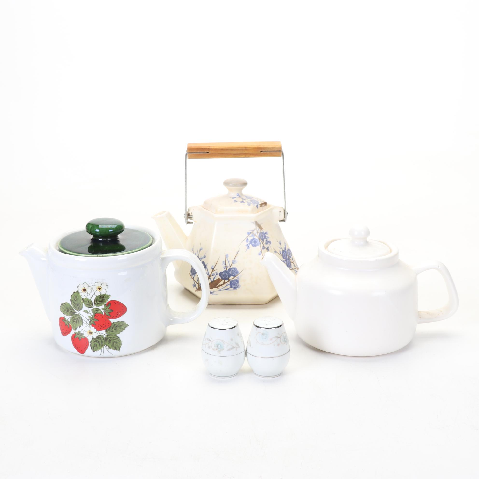 McCoy "Strawberry Country" and Ivory Teapots with Japanese Wood Handle Pot