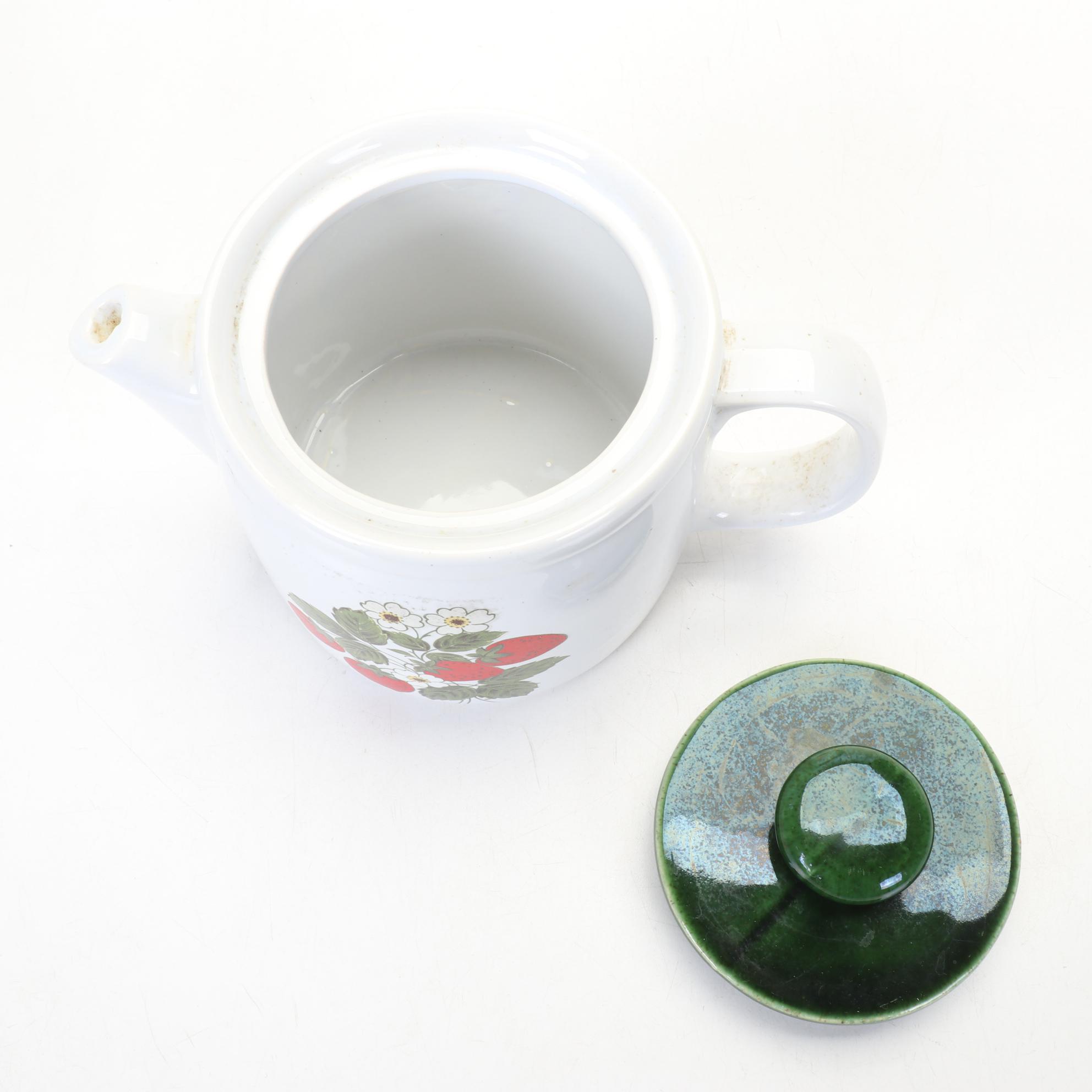 McCoy "Strawberry Country" and Ivory Teapots with Japanese Wood Handle Pot
