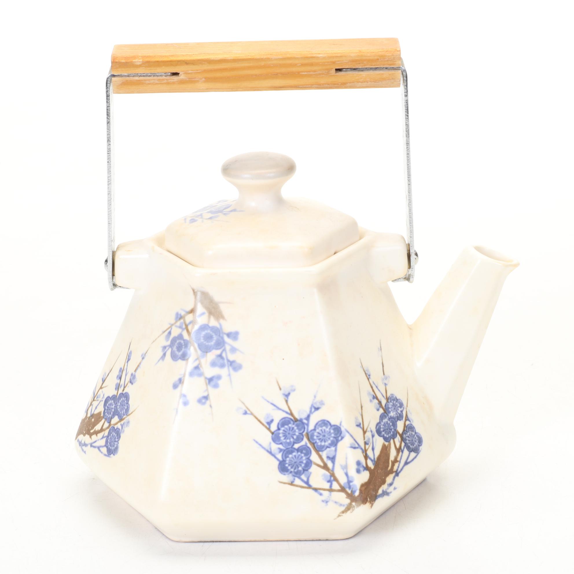 McCoy "Strawberry Country" and Ivory Teapots with Japanese Wood Handle Pot