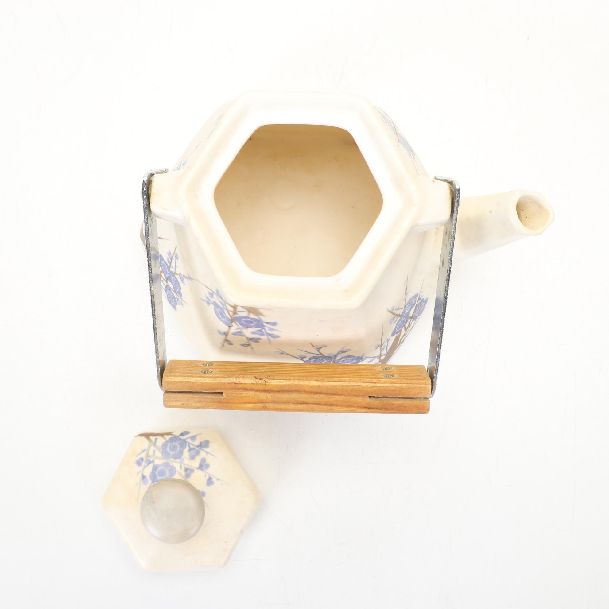 McCoy "Strawberry Country" and Ivory Teapots with Japanese Wood Handle Pot