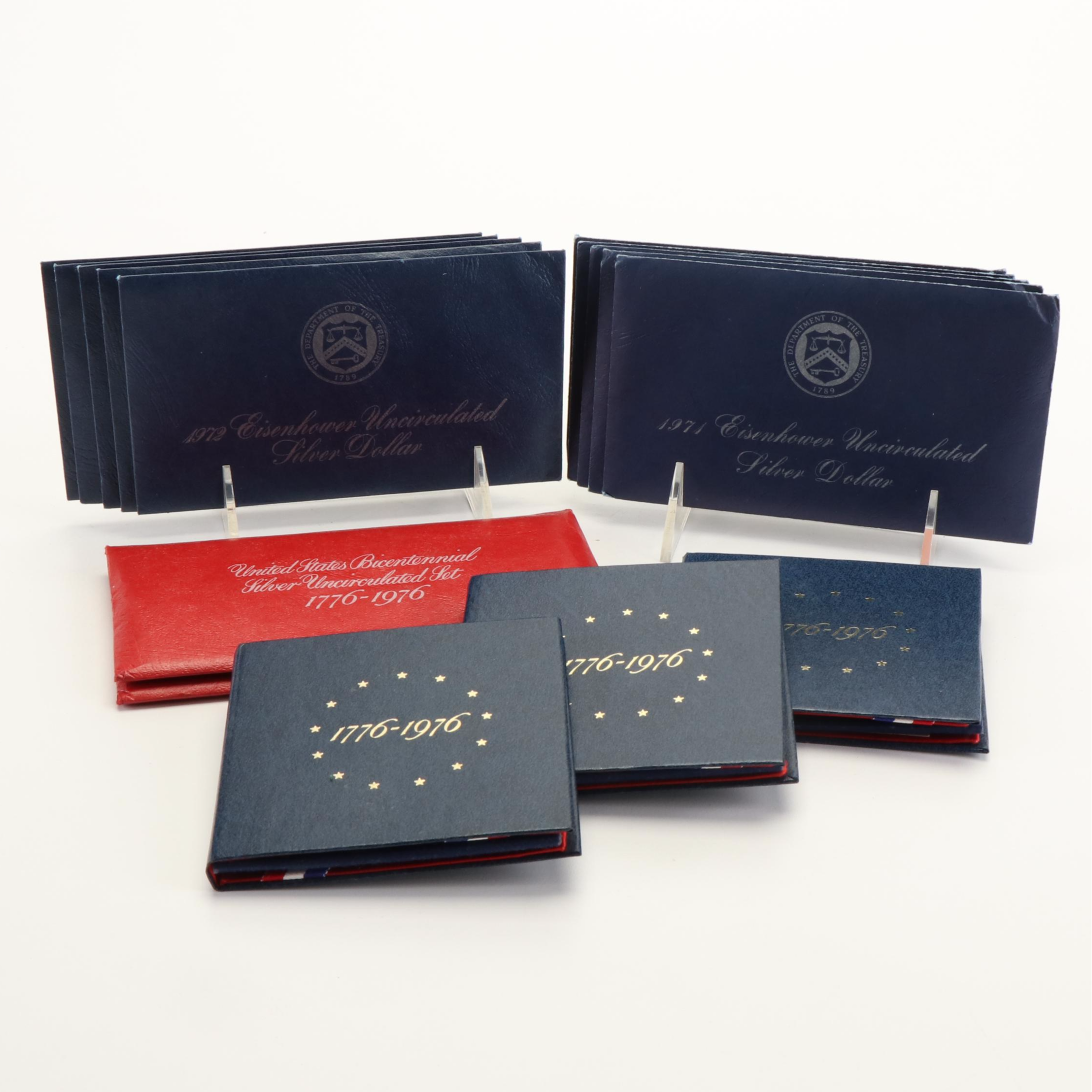 Collection of Fifteen 40% Eisenhower Dollars and Bicentennial Three Piece Sets