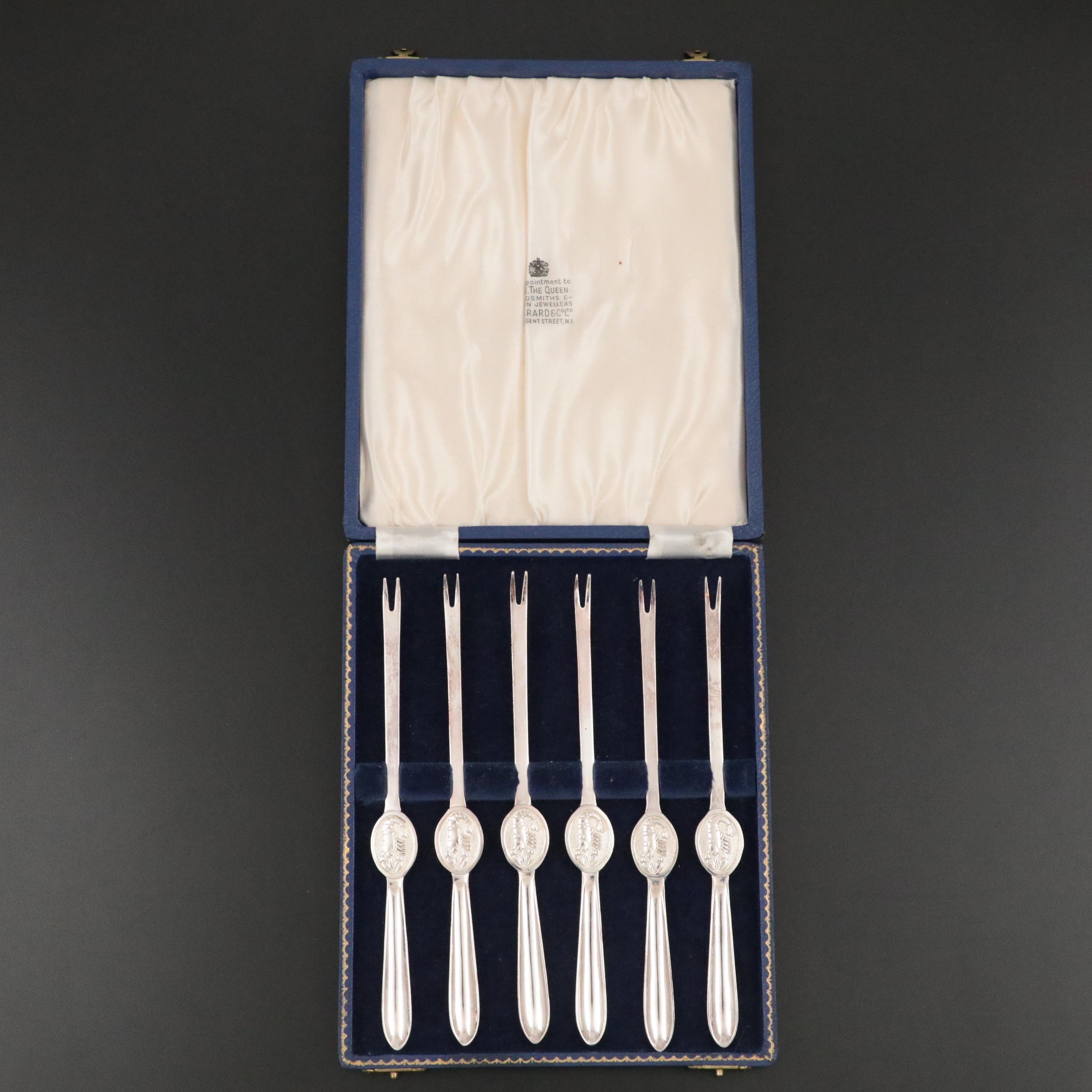 English Silver Plate Seafood Picks with Lobster Seal in Case