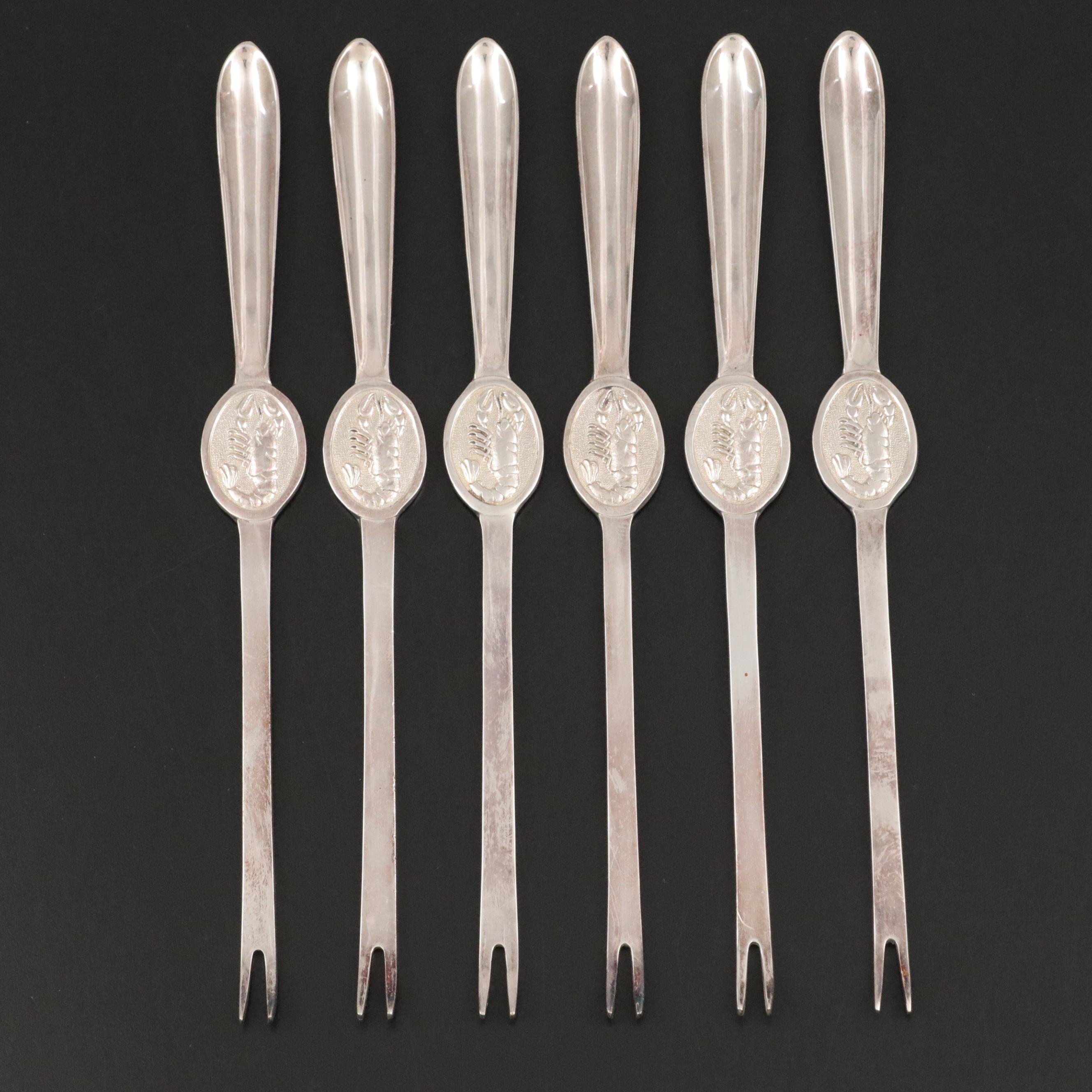 English Silver Plate Seafood Picks with Lobster Seal in Case