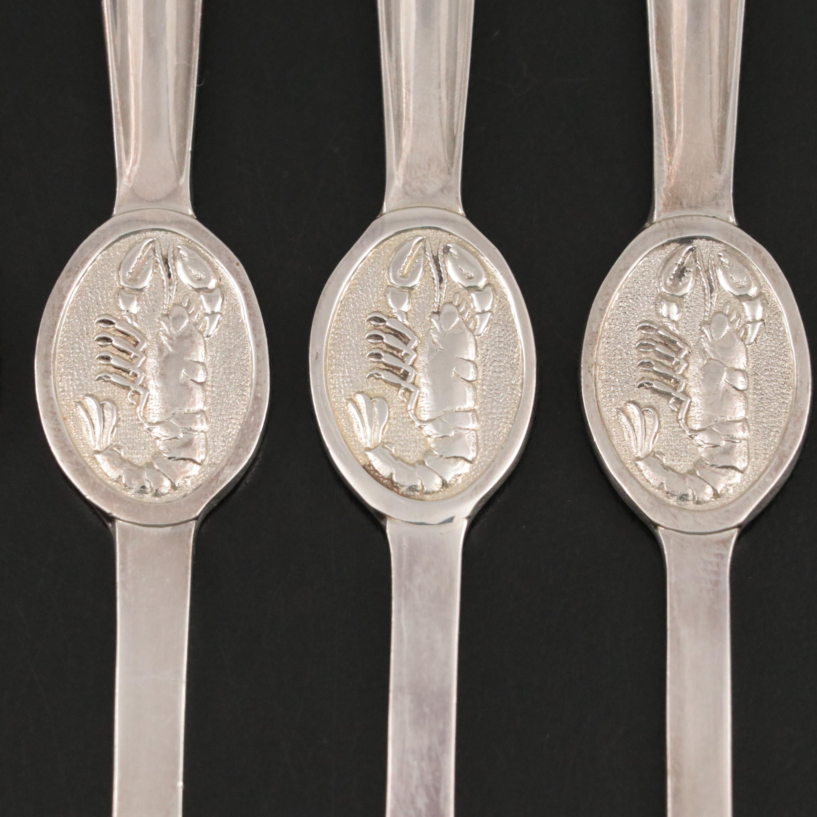 English Silver Plate Seafood Picks with Lobster Seal in Case