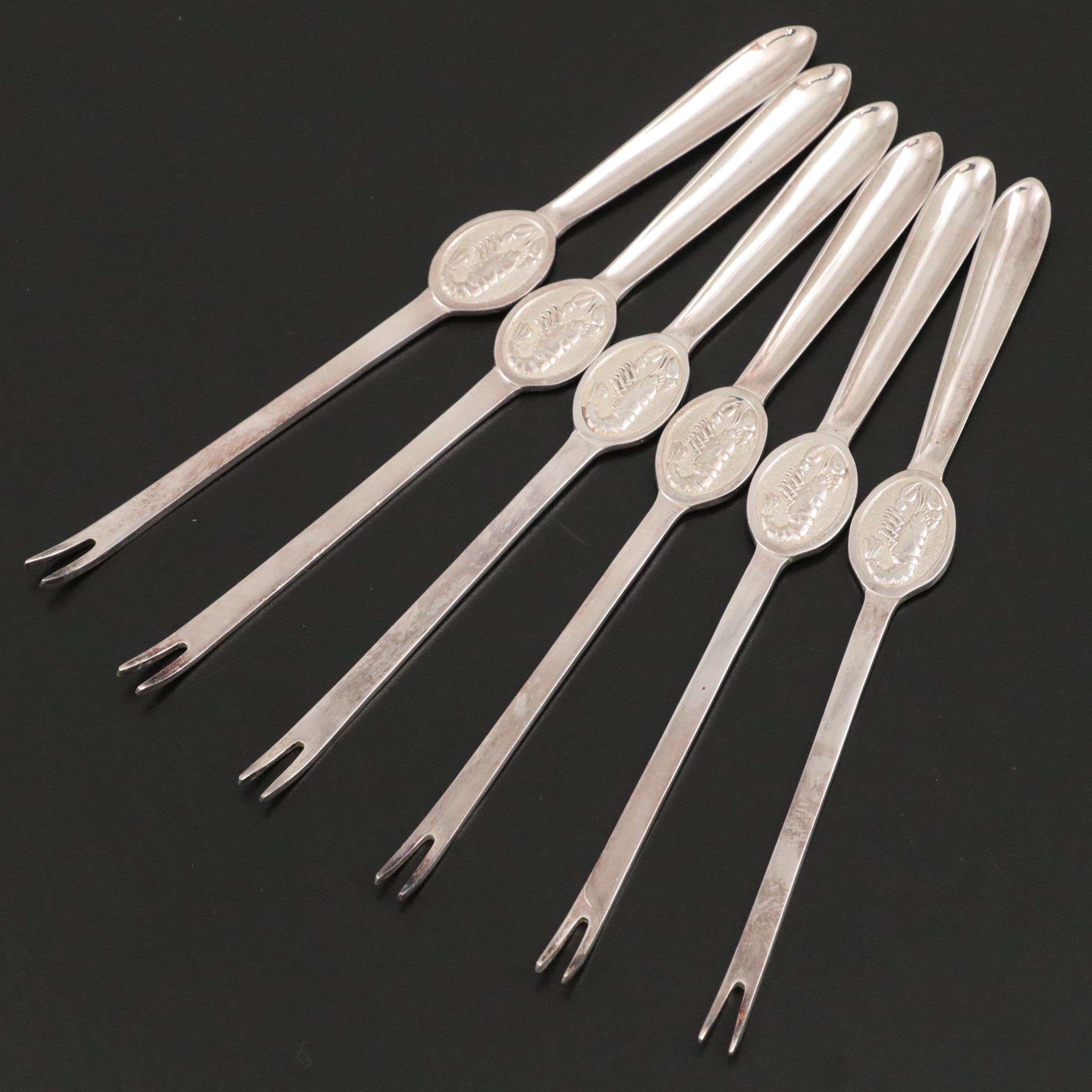 English Silver Plate Seafood Picks with Lobster Seal in Case