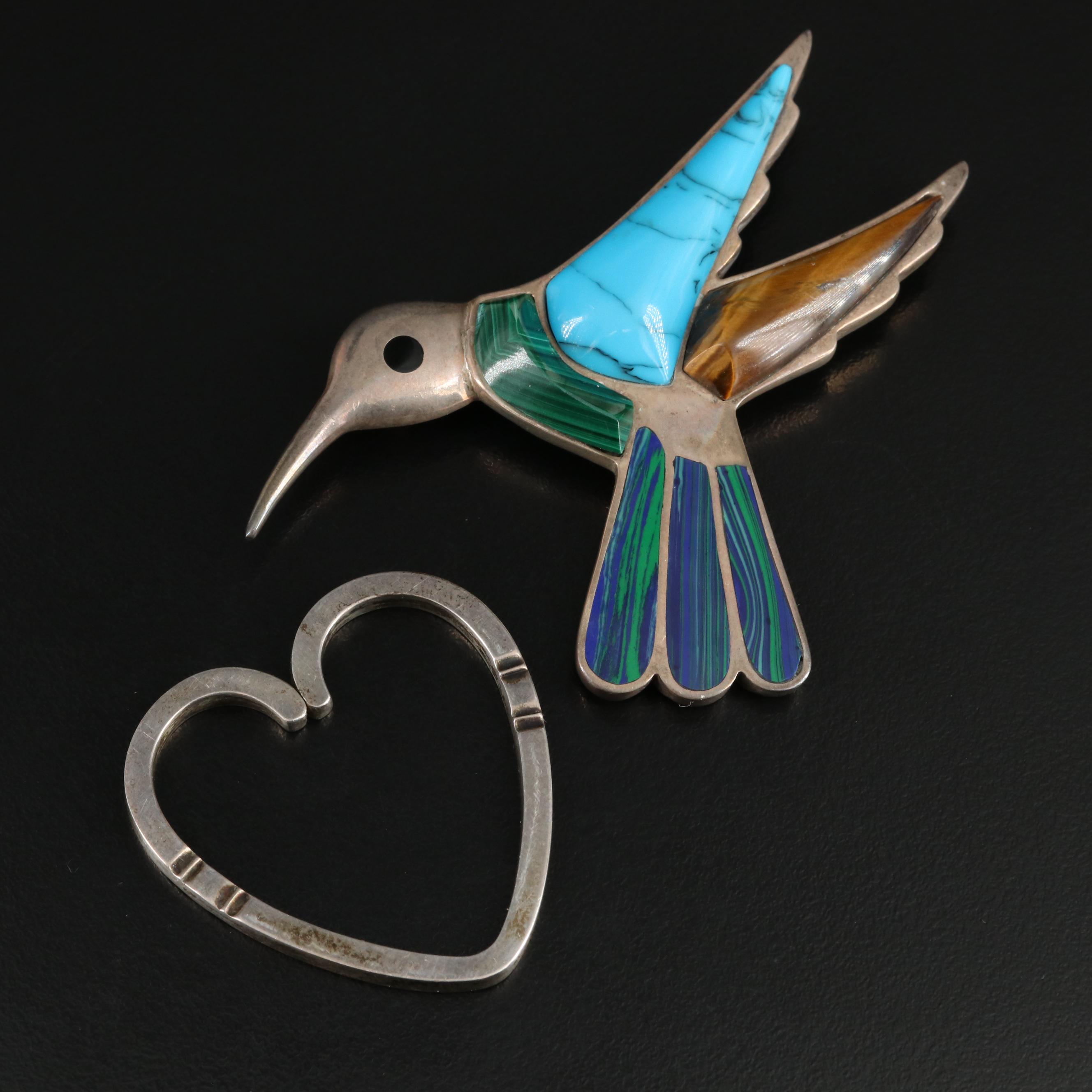 Georg Jensen Sterling Heart Key Ring and 950 Silver Inlay Hummingbird Brooch