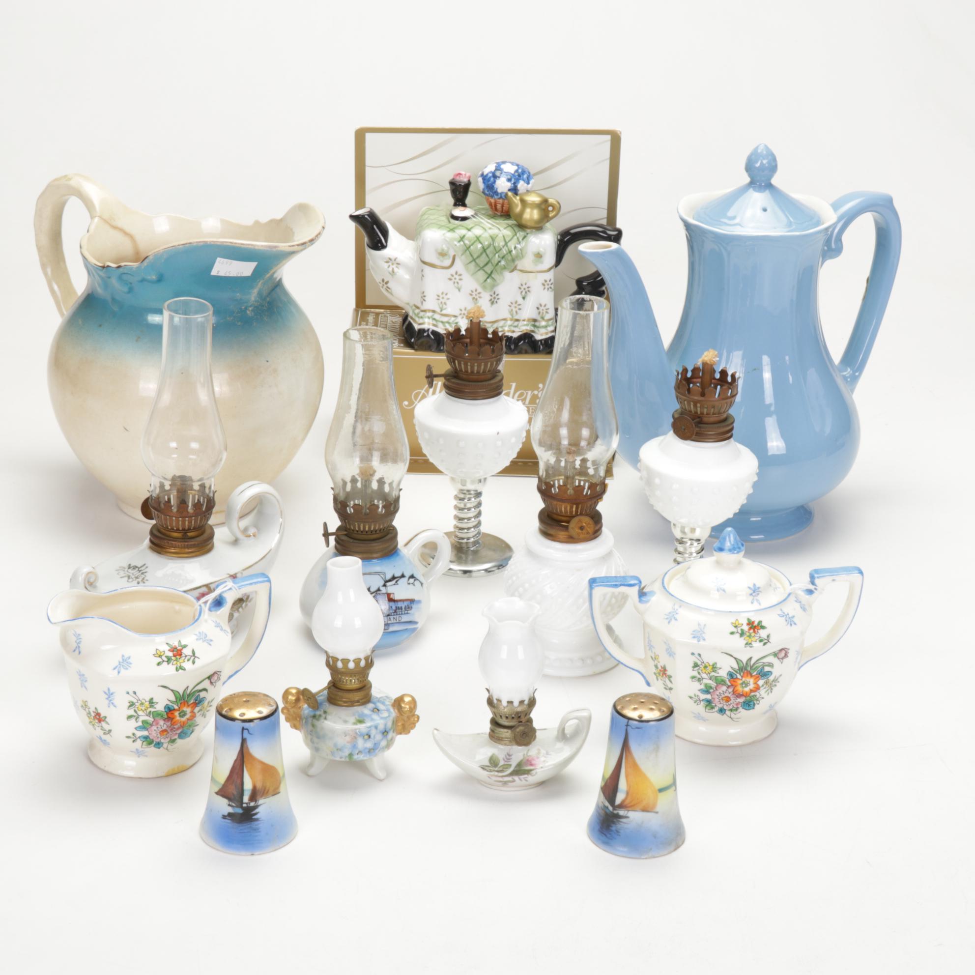 Labelle Pitcher, Blue "Linda" by Japan Coffee Pot, Mini Oil Lamps, & More