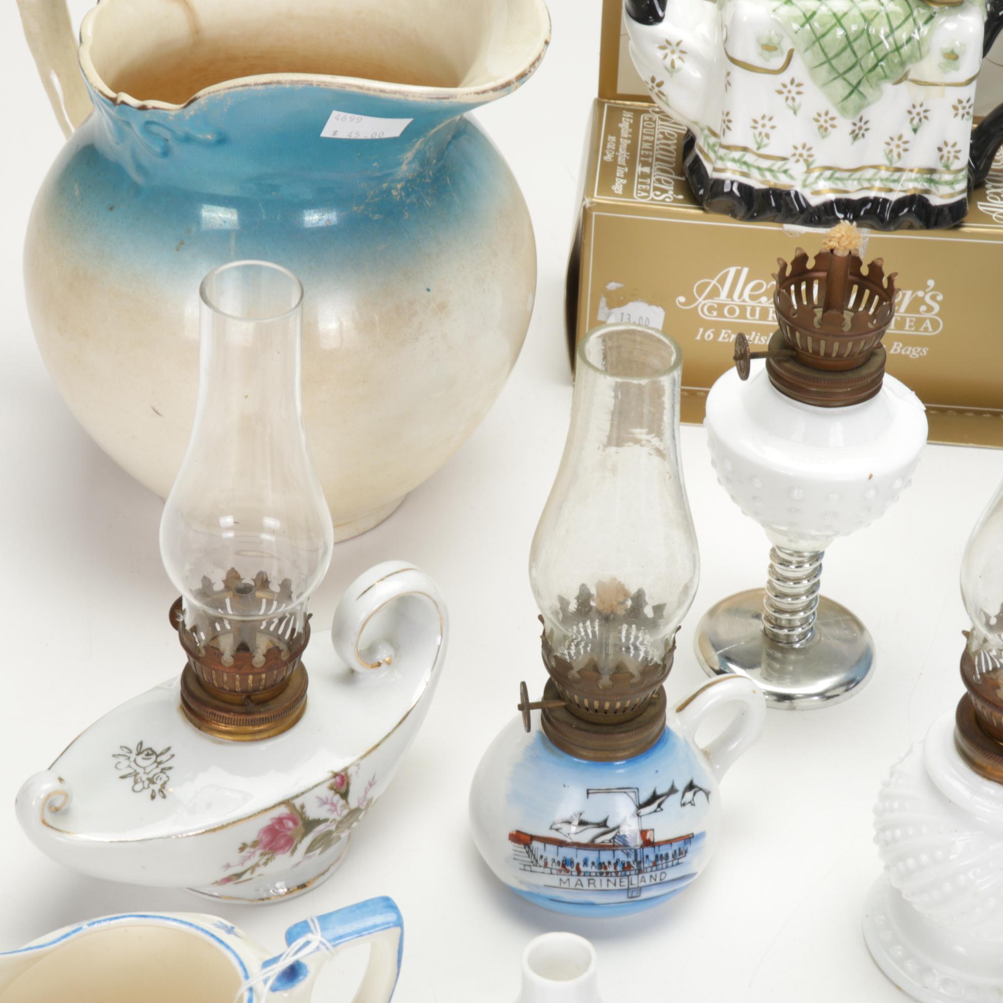 Labelle Pitcher, Blue "Linda" by Japan Coffee Pot, Mini Oil Lamps, & More