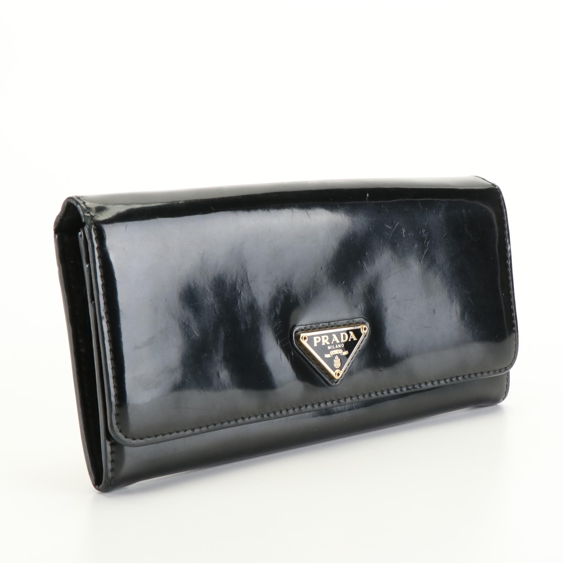 Prada Black Patent Leather Continental Wallet