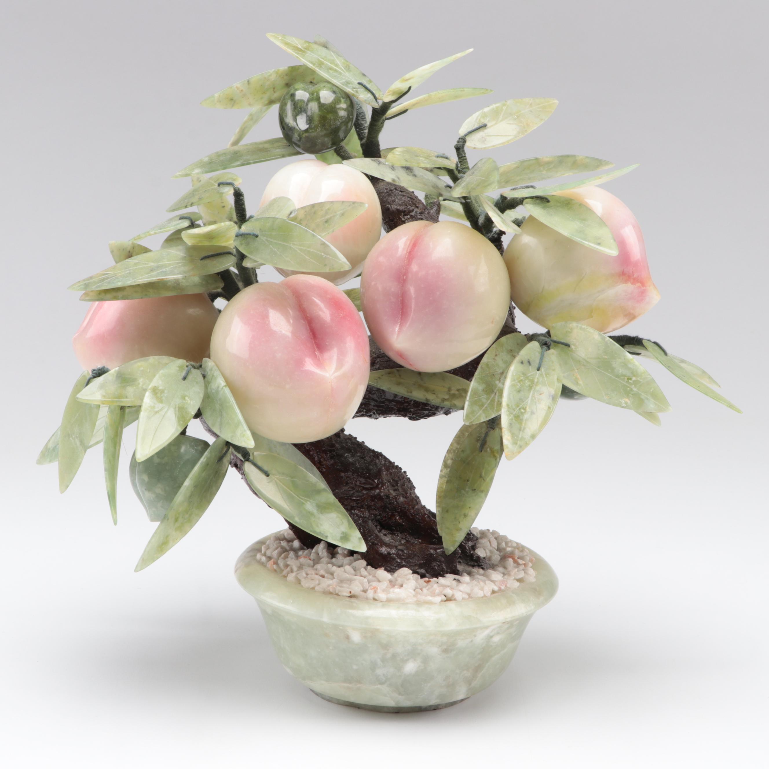 Carved Serpentine and Hardstone Peach Bonsai Tree Figure