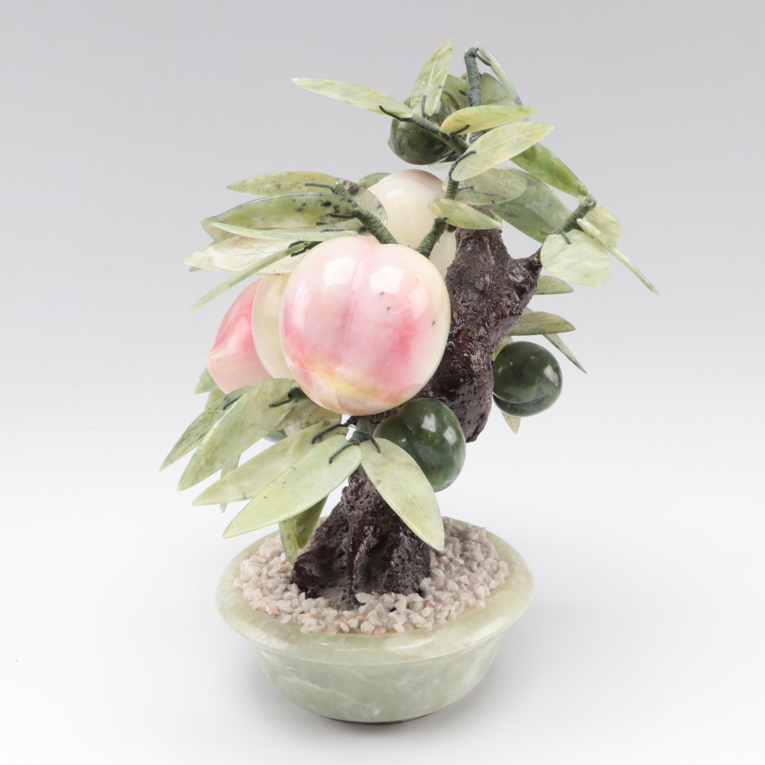 Carved Serpentine and Hardstone Peach Bonsai Tree Figure