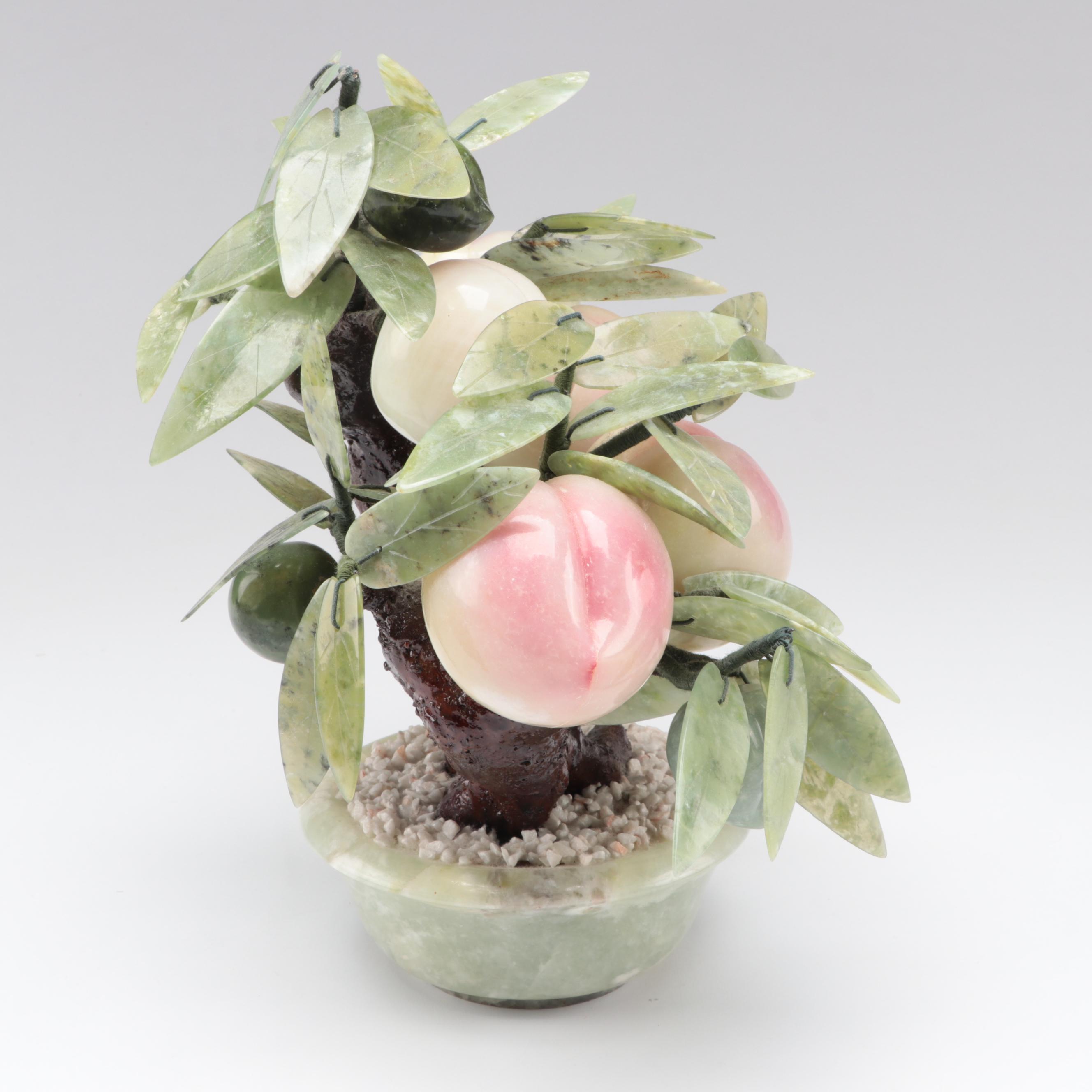Carved Serpentine and Hardstone Peach Bonsai Tree Figure