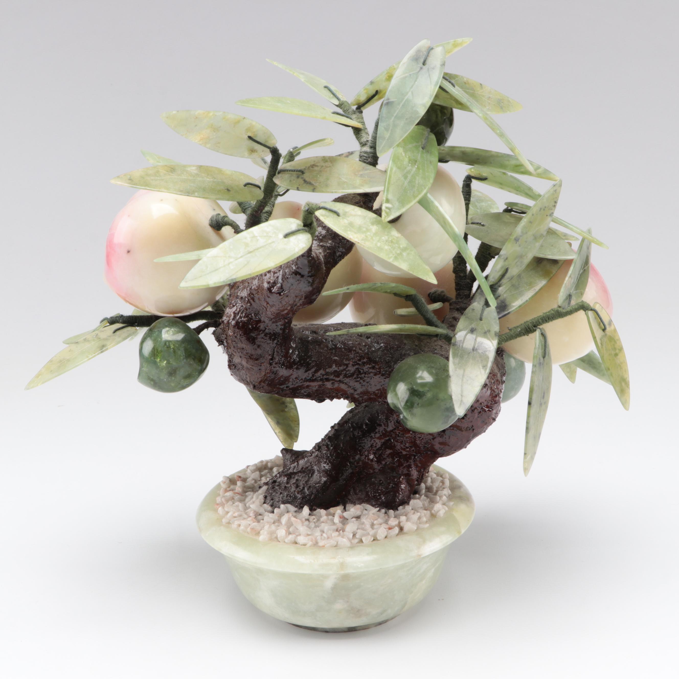 Carved Serpentine and Hardstone Peach Bonsai Tree Figure