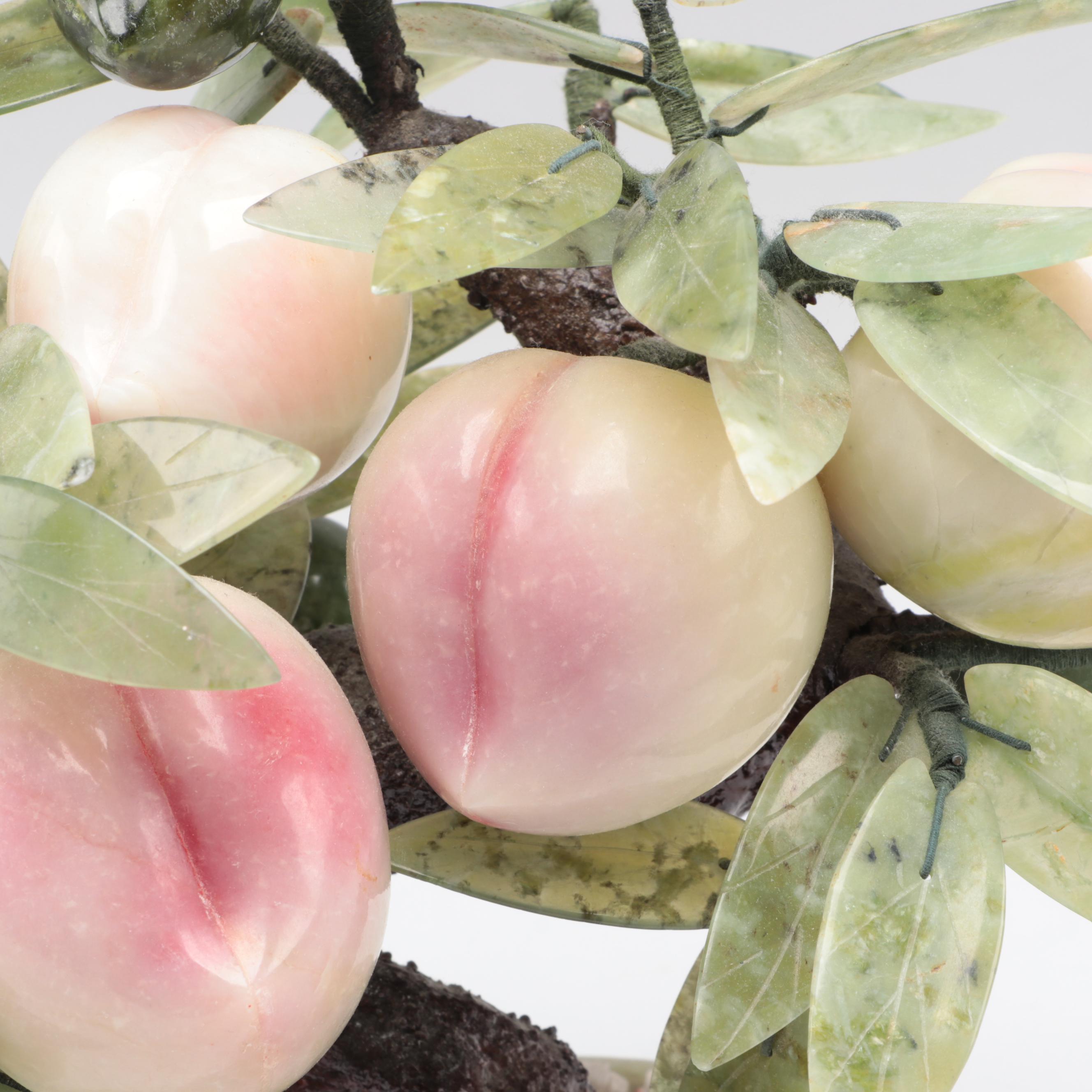 Carved Serpentine and Hardstone Peach Bonsai Tree Figure