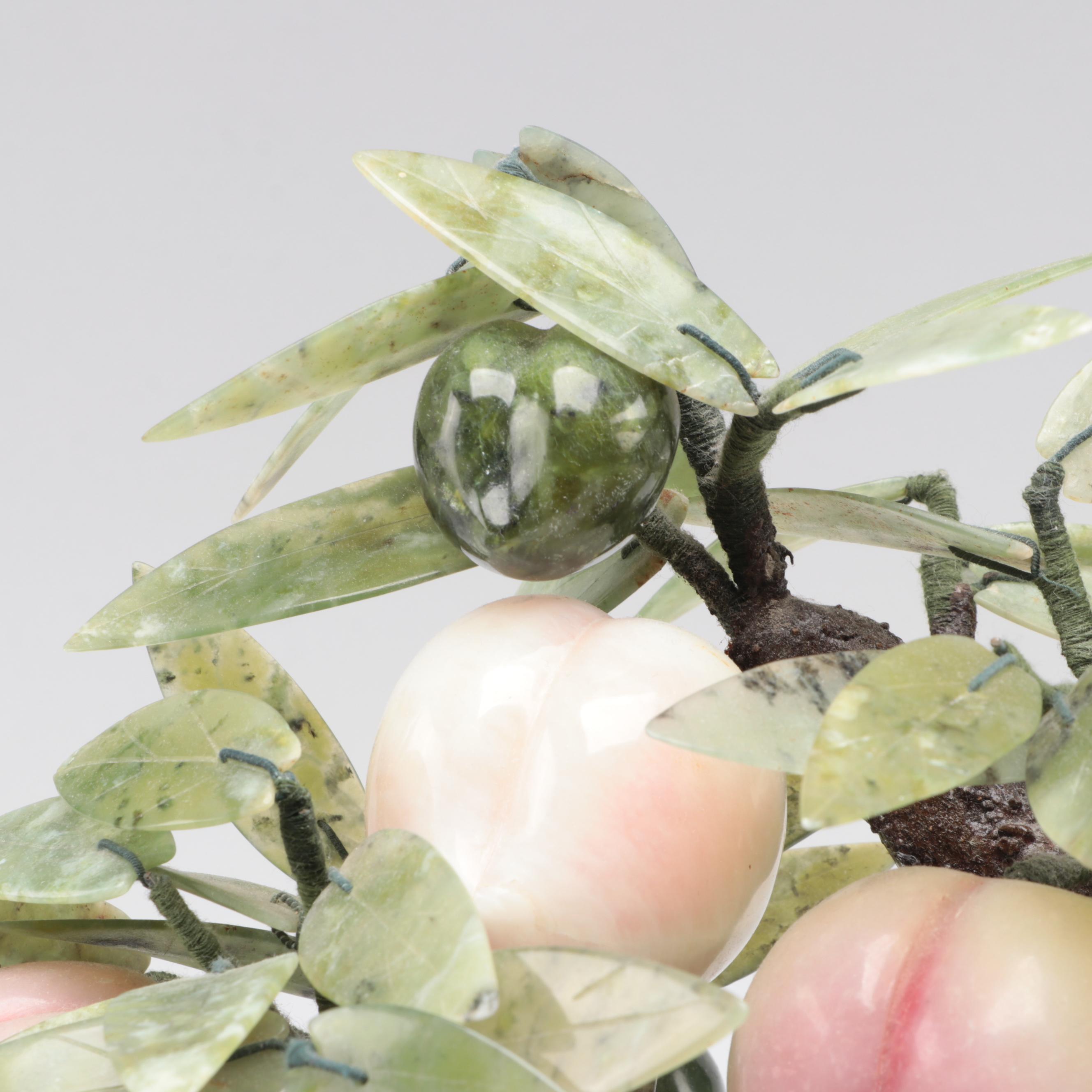 Carved Serpentine and Hardstone Peach Bonsai Tree Figure