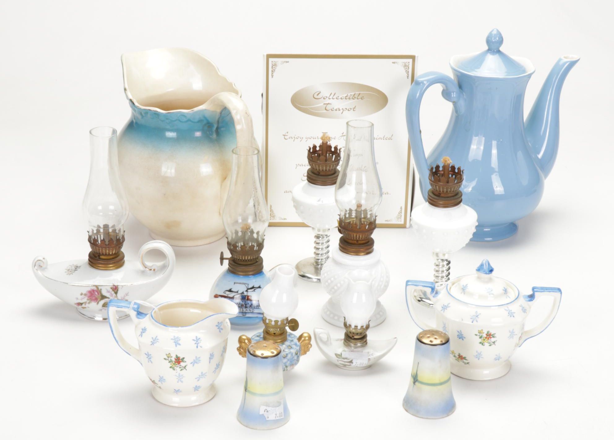 Labelle Pitcher, Blue "Linda" by Japan Coffee Pot, Mini Oil Lamps, & More