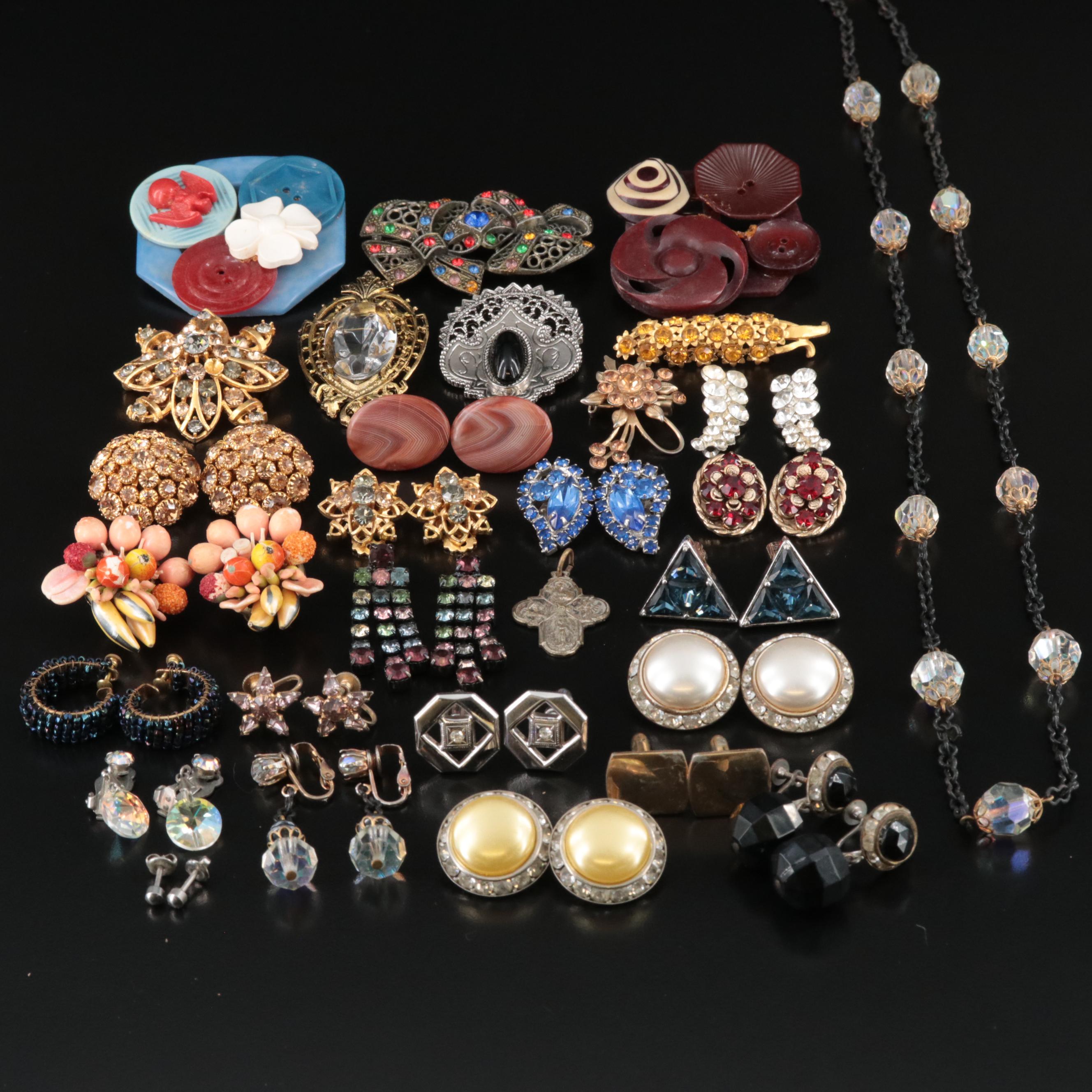 Vintage Jewelry Collection Including Assembled Brooches and Rhinestones