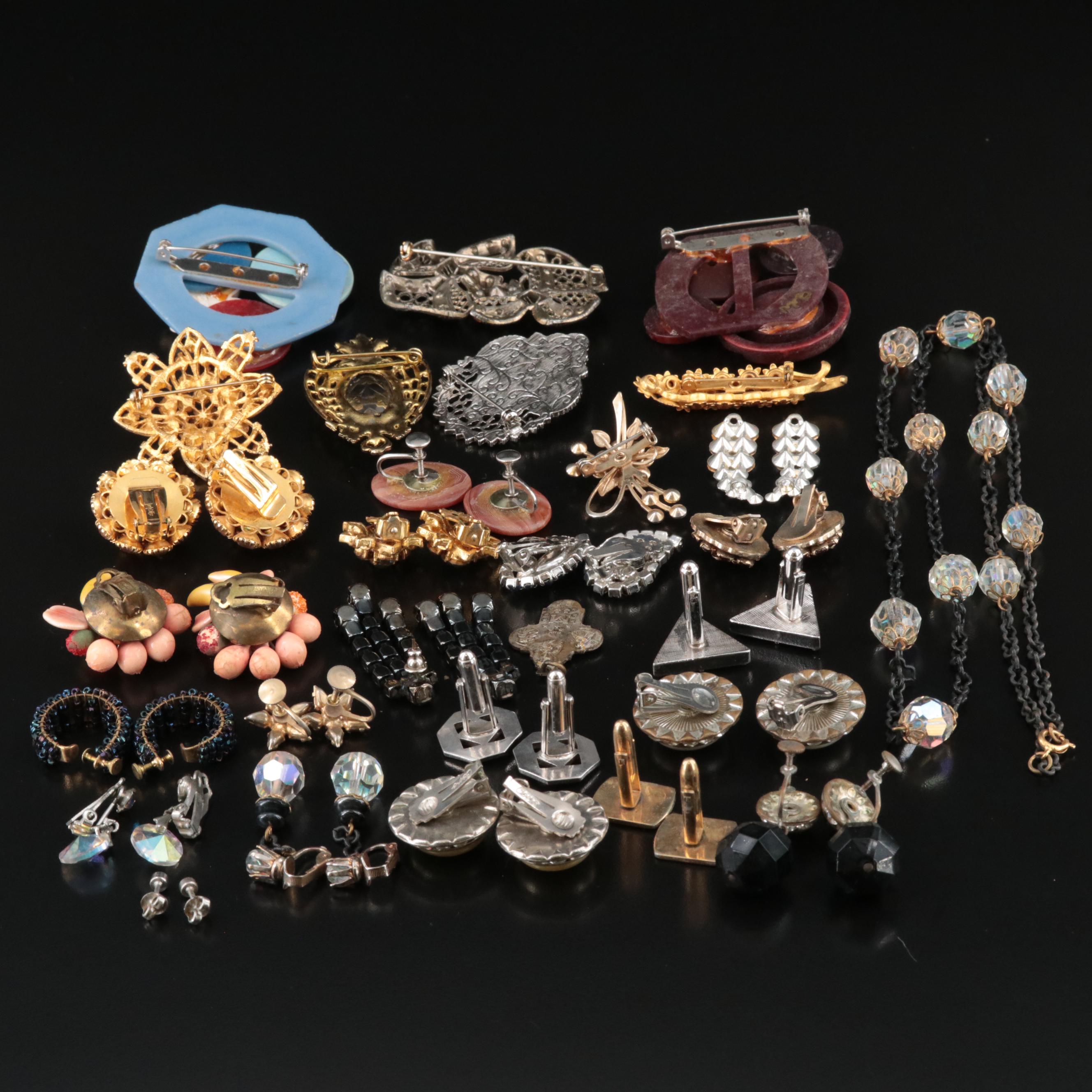 Vintage Jewelry Collection Including Assembled Brooches and Rhinestones