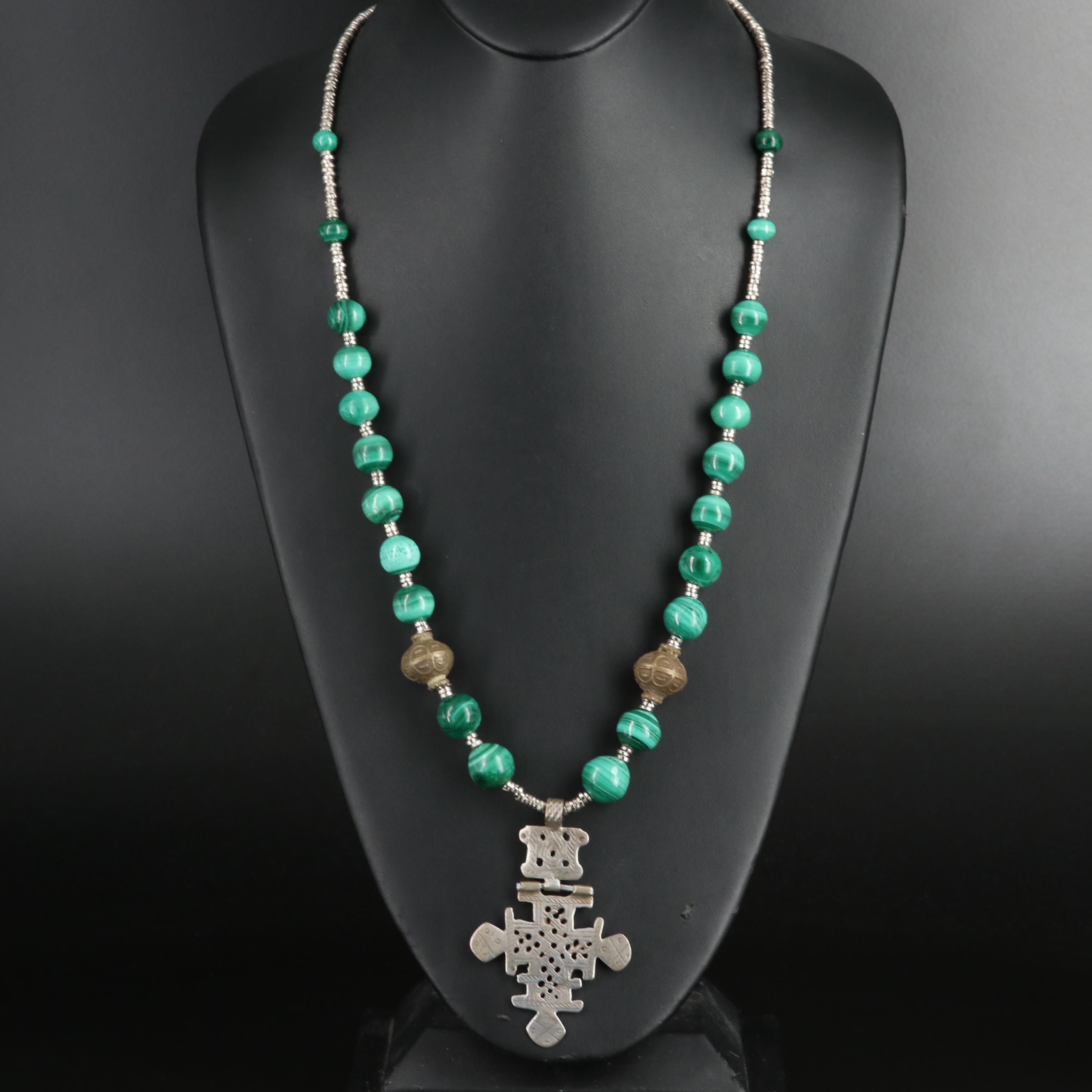 Ethiopian Malachite Coptic Cross Necklace