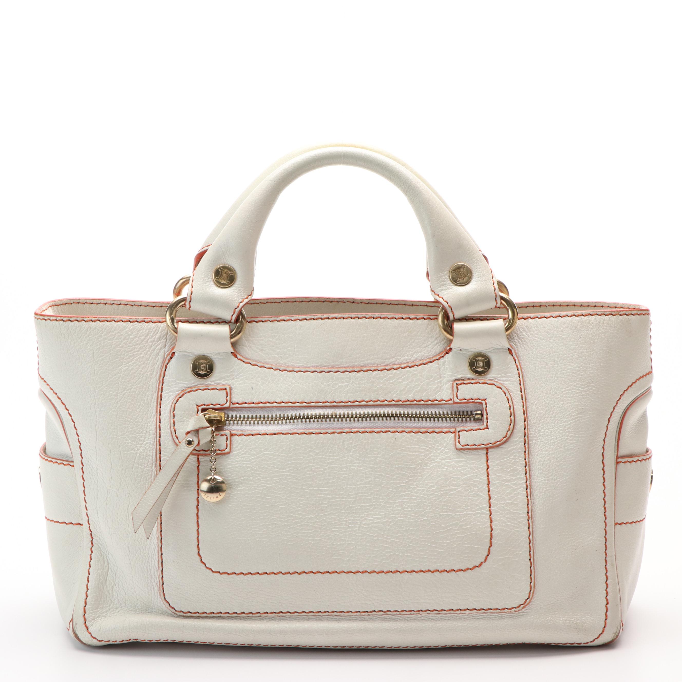 Celine Boogie Bag in Texted White Leather with Orange Trim