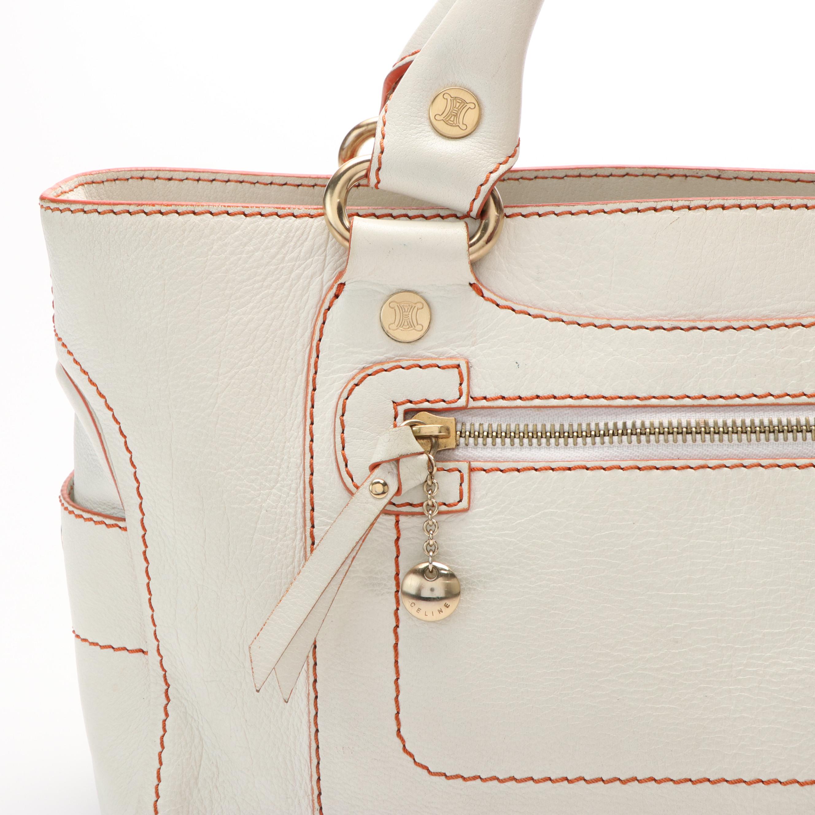 Celine Boogie Bag in Texted White Leather with Orange Trim