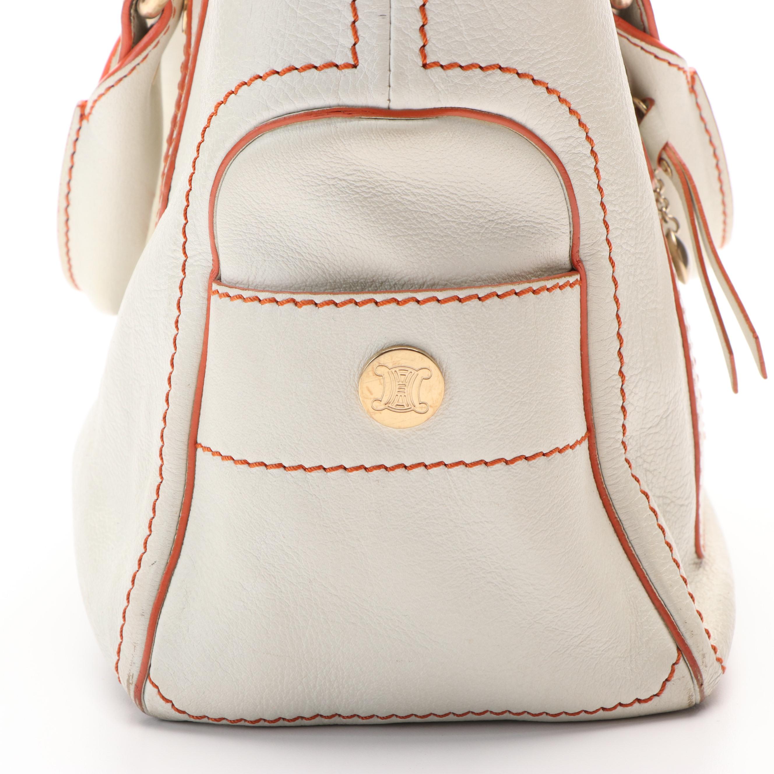 Celine Boogie Bag in Texted White Leather with Orange Trim