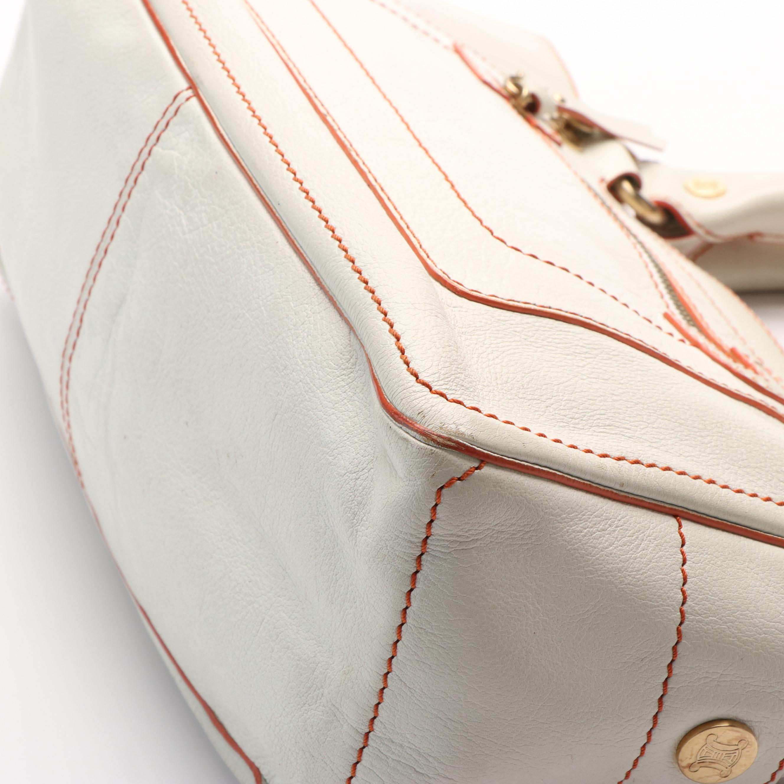 Celine Boogie Bag in Texted White Leather with Orange Trim