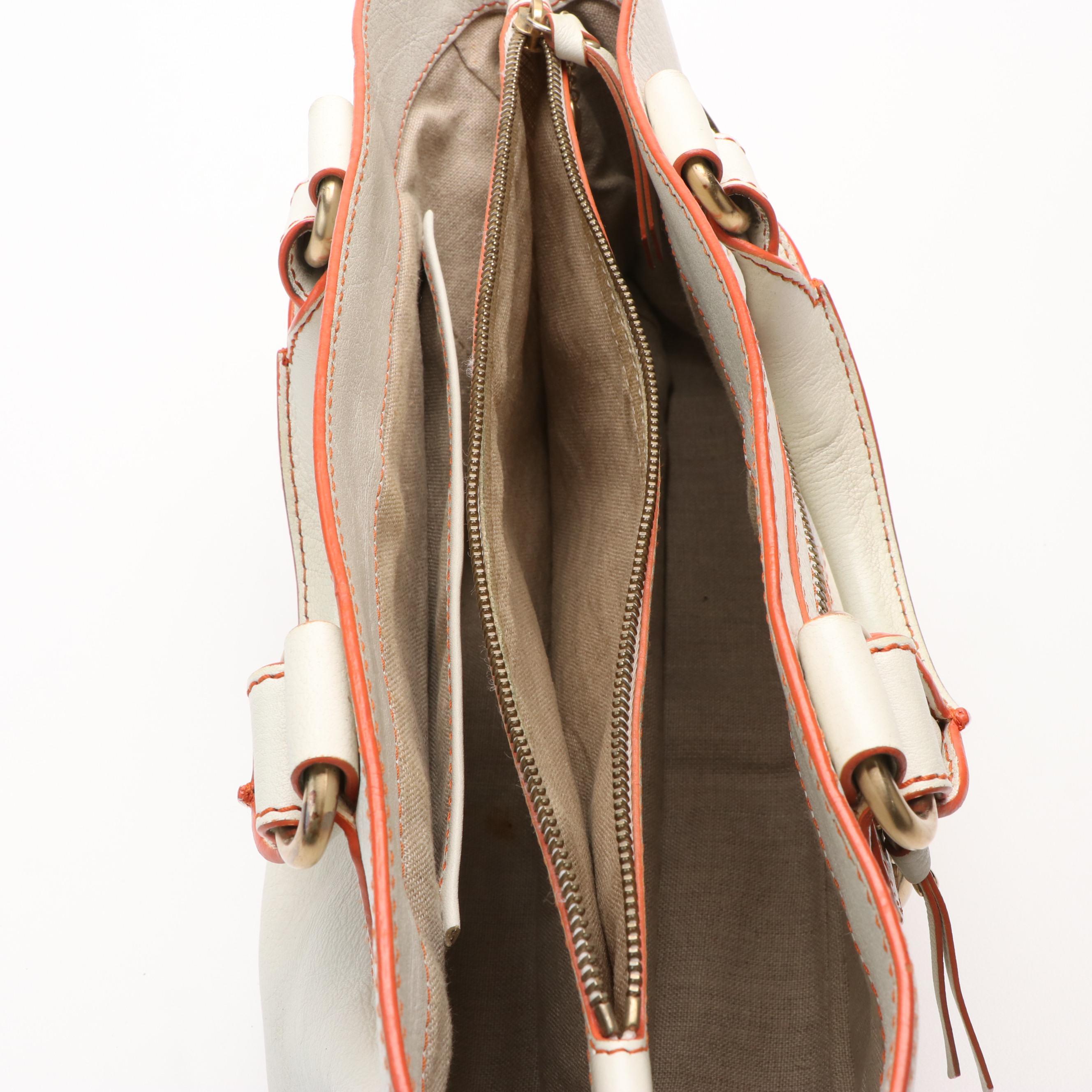 Celine Boogie Bag in Texted White Leather with Orange Trim