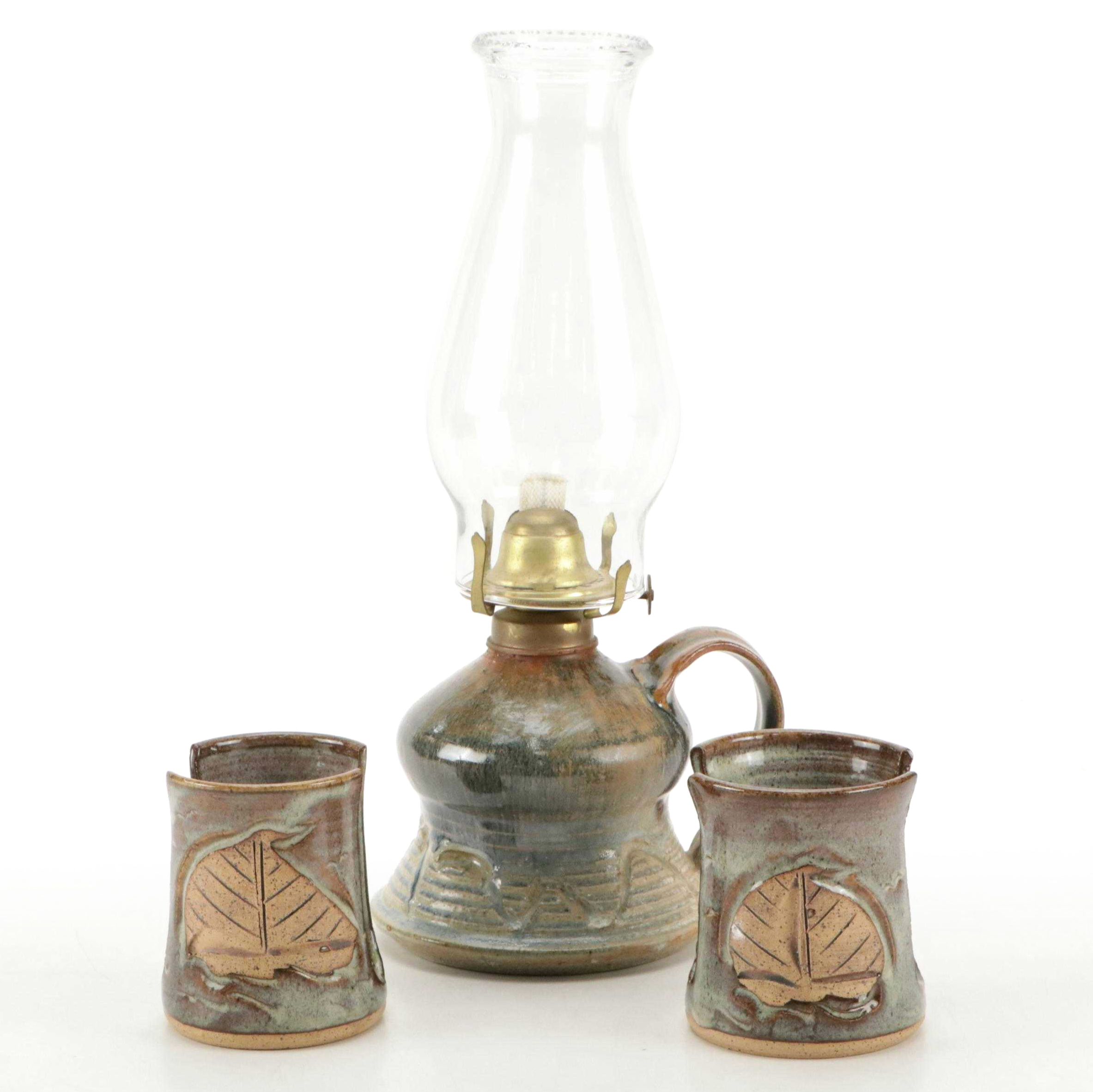 Art Pottery Ceramic Oil Lamp with Candle Holders