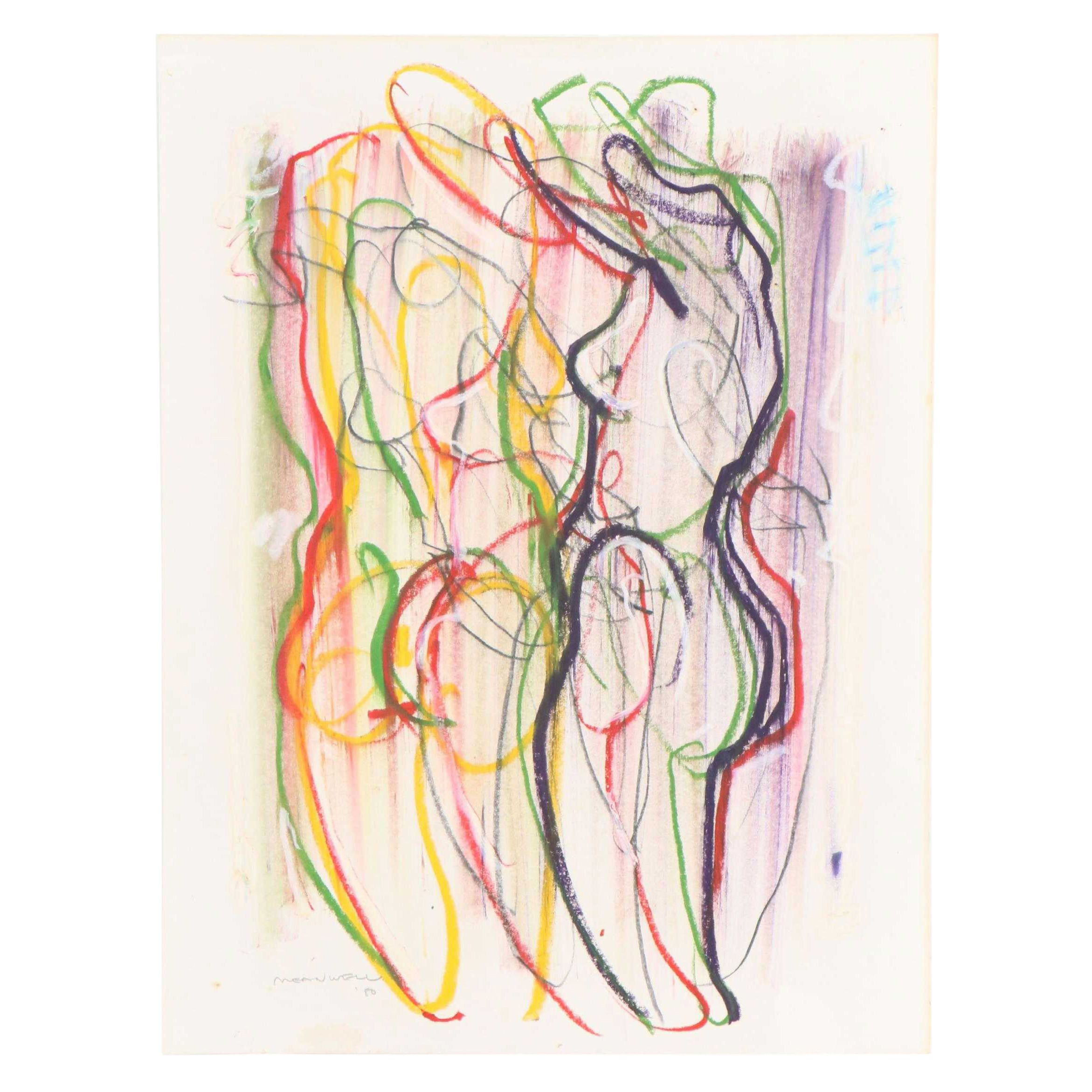 Jack Meanwell Modern Figural Oil Pastel Drawing, 1980