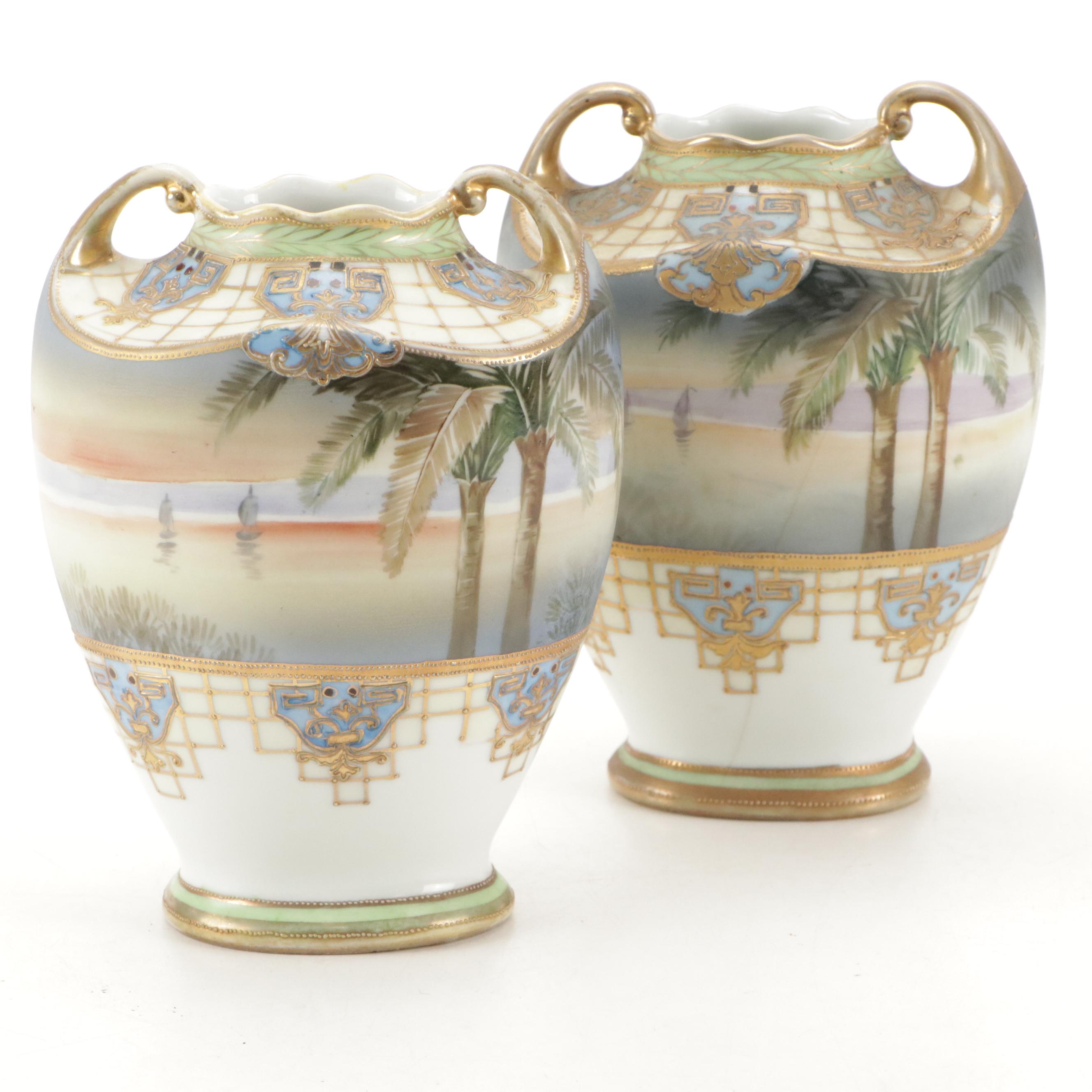 Pair of Morimura Bros Hand-Painted Nippon Porcelain Vases
