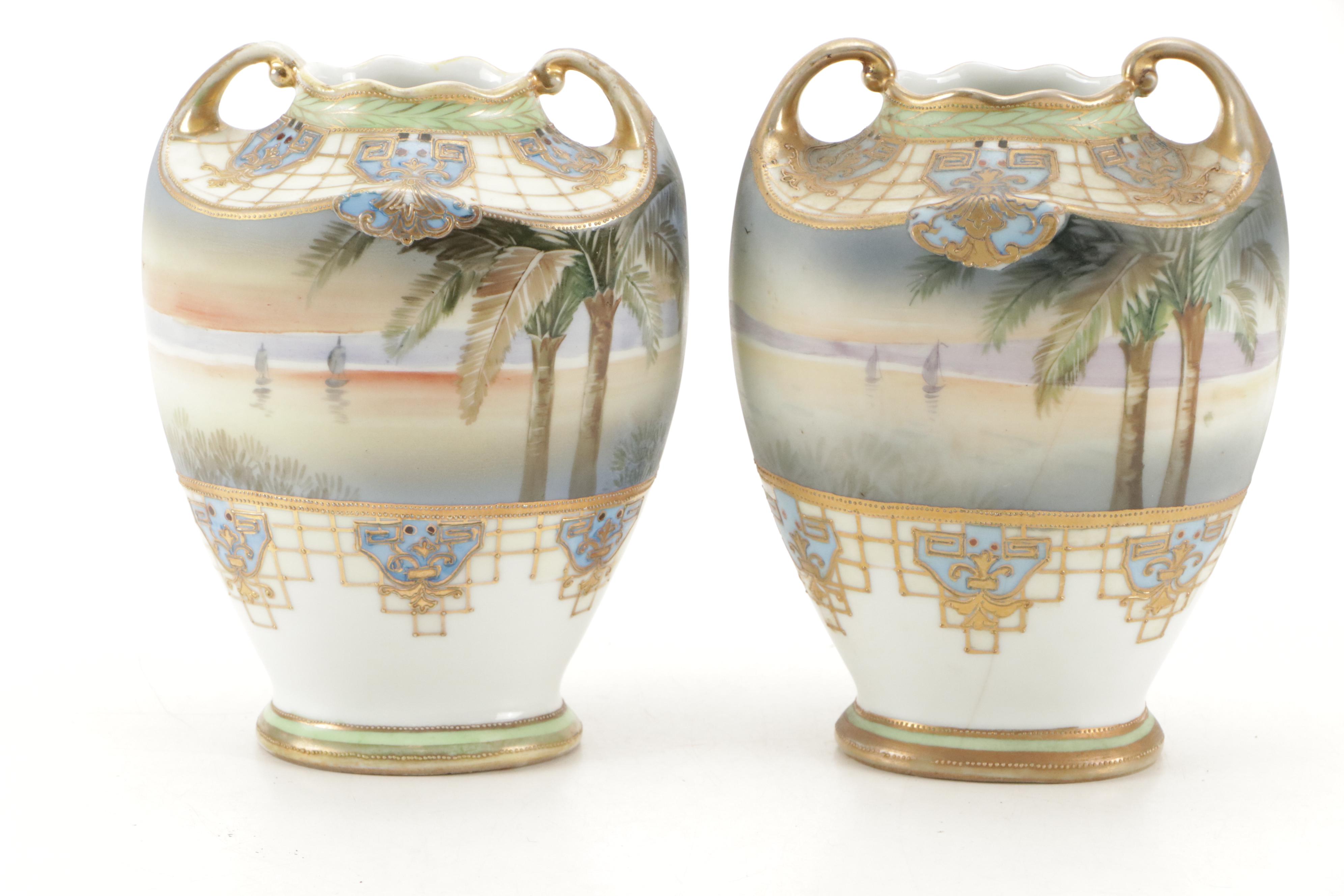 Pair of Morimura Bros Hand-Painted Nippon Porcelain Vases