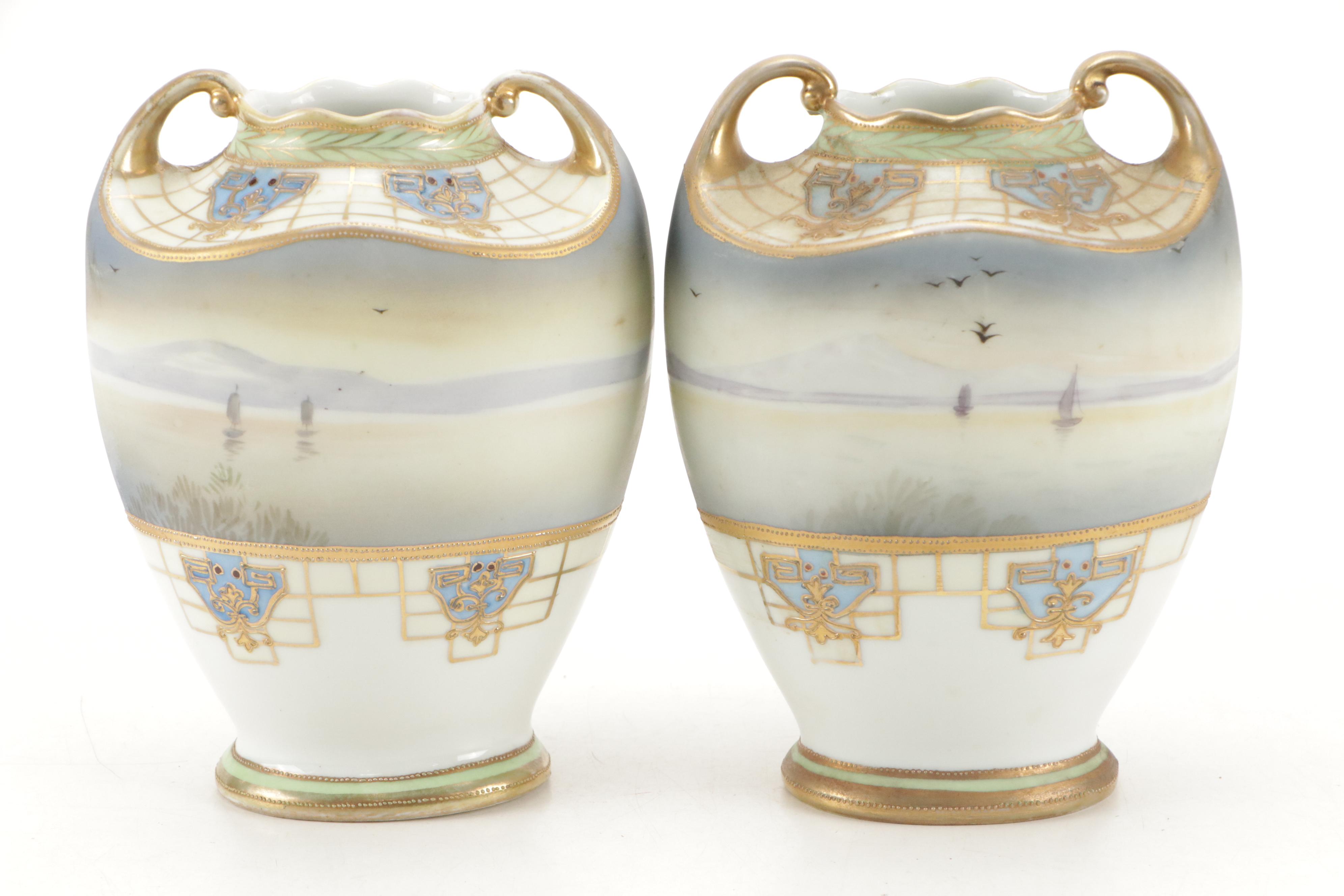 Pair of Morimura Bros Hand-Painted Nippon Porcelain Vases