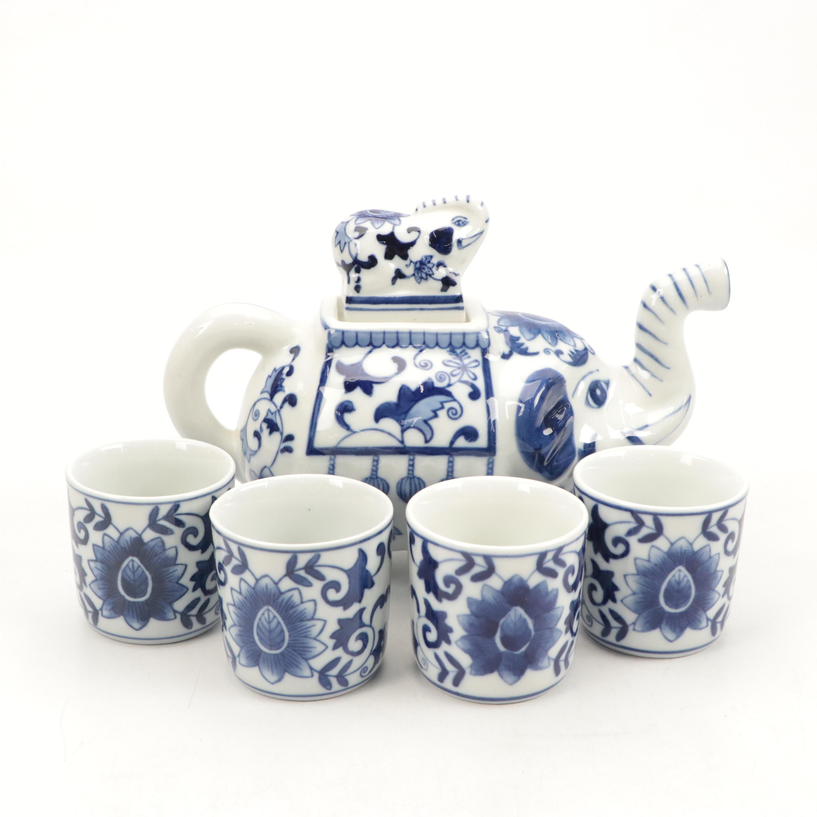 Chinese Style Porcelain Blue and White Elephant Teapot and Cups