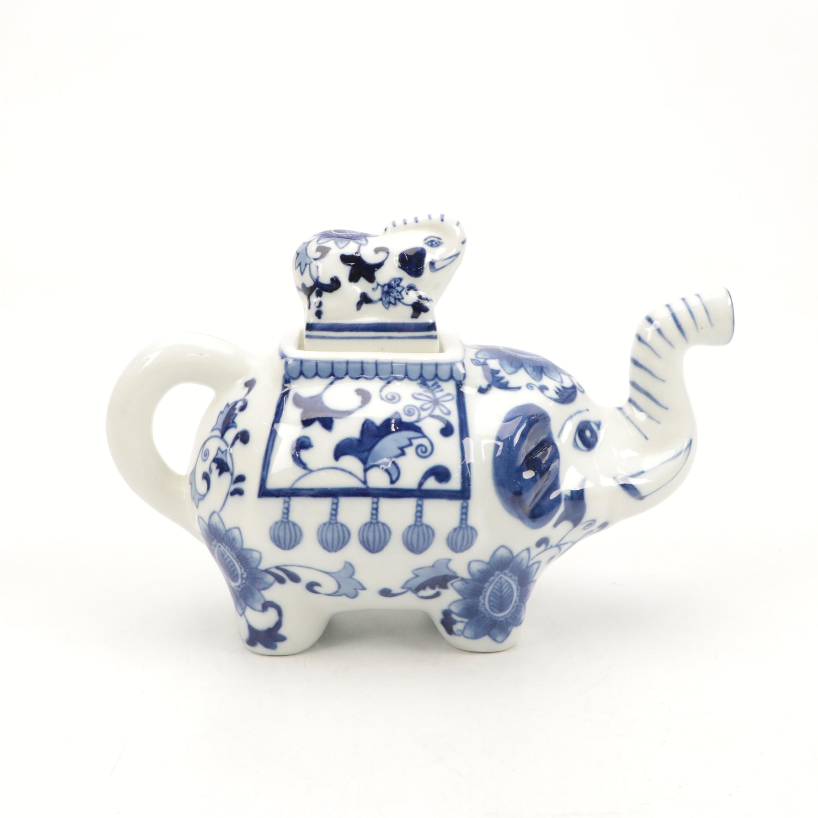 Chinese Style Porcelain Blue and White Elephant Teapot and Cups