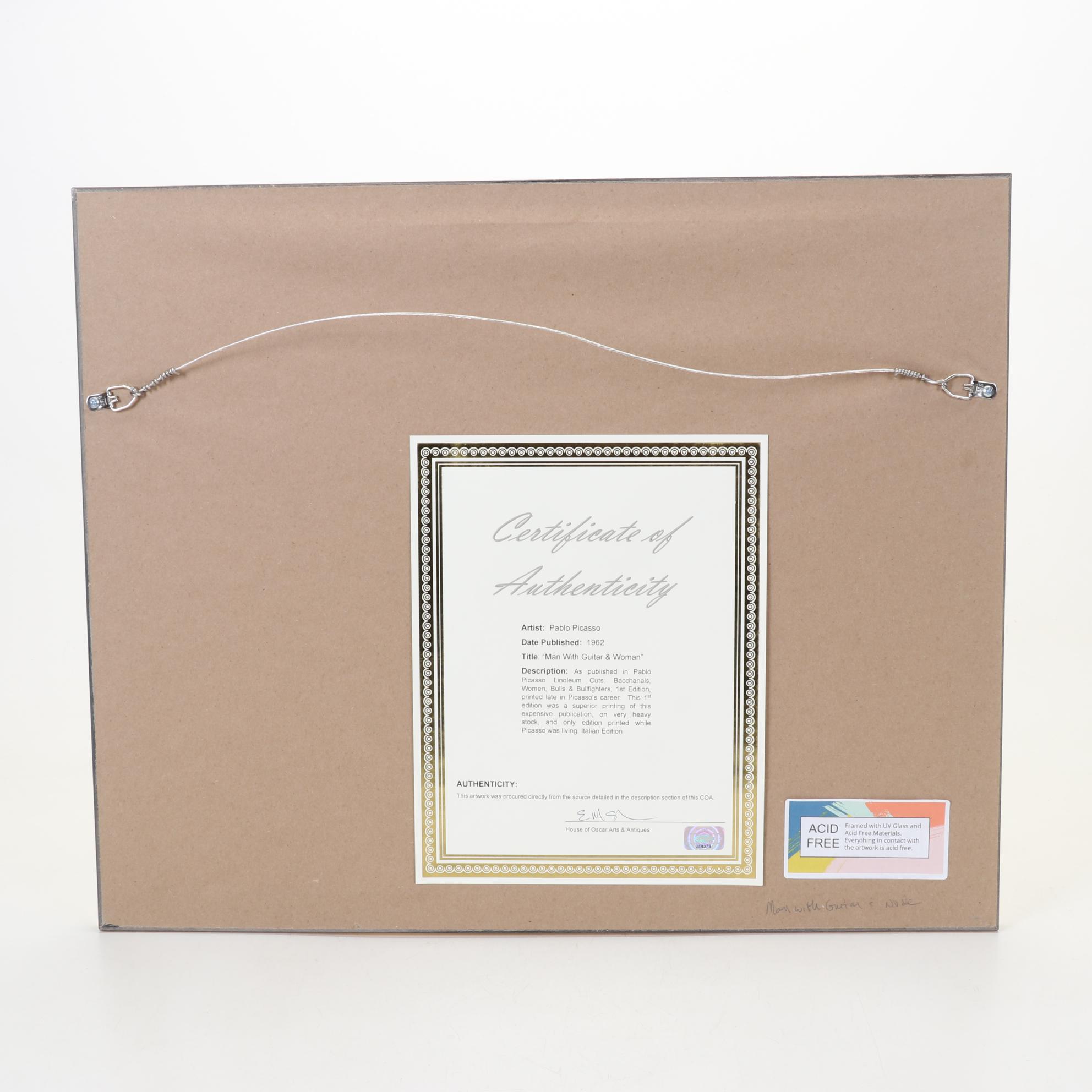 Pablo Picasso Linocut "Man With Guitar & Woman," 1962