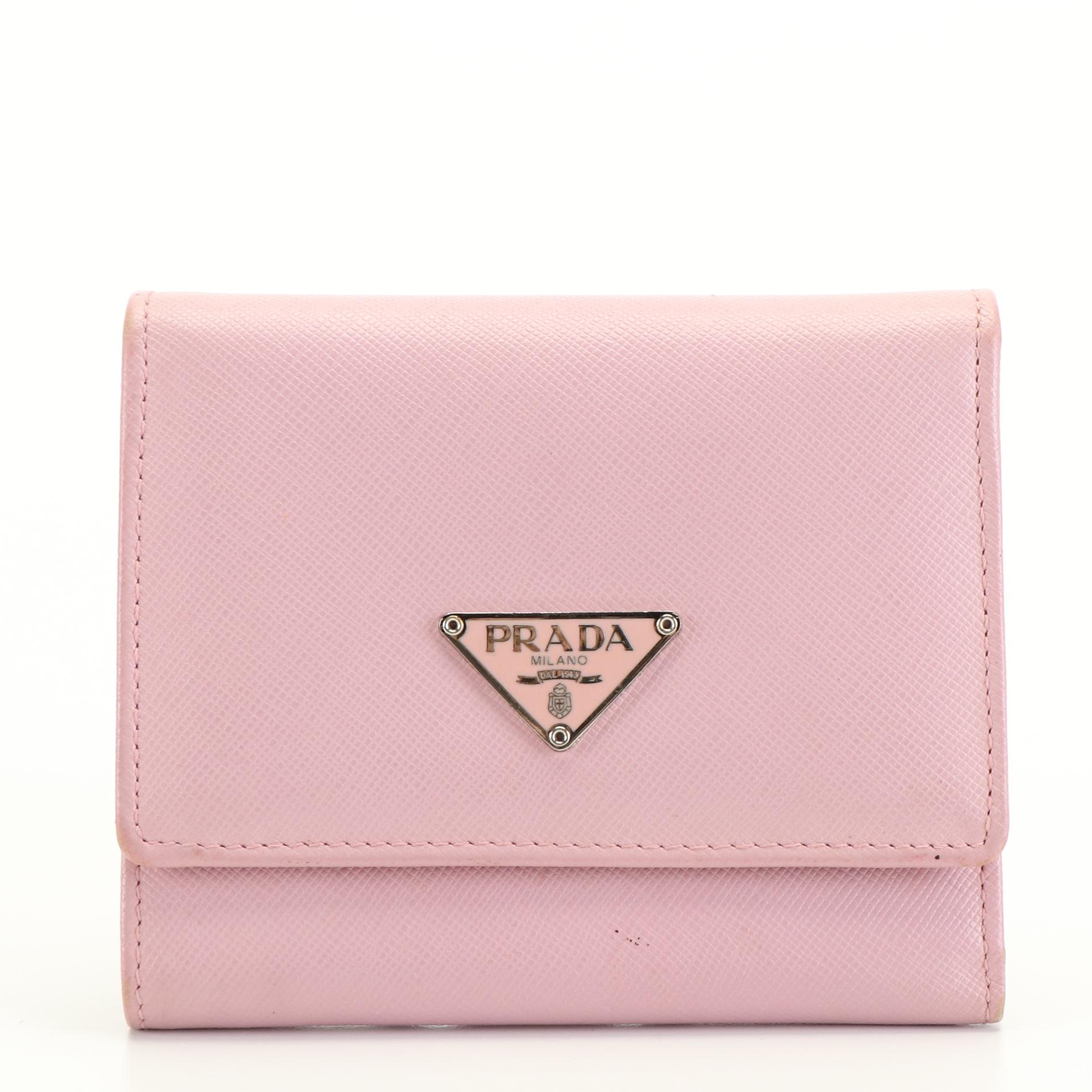 Prada Triangle Logo Pink Saffiano Leather Trifold Wallet