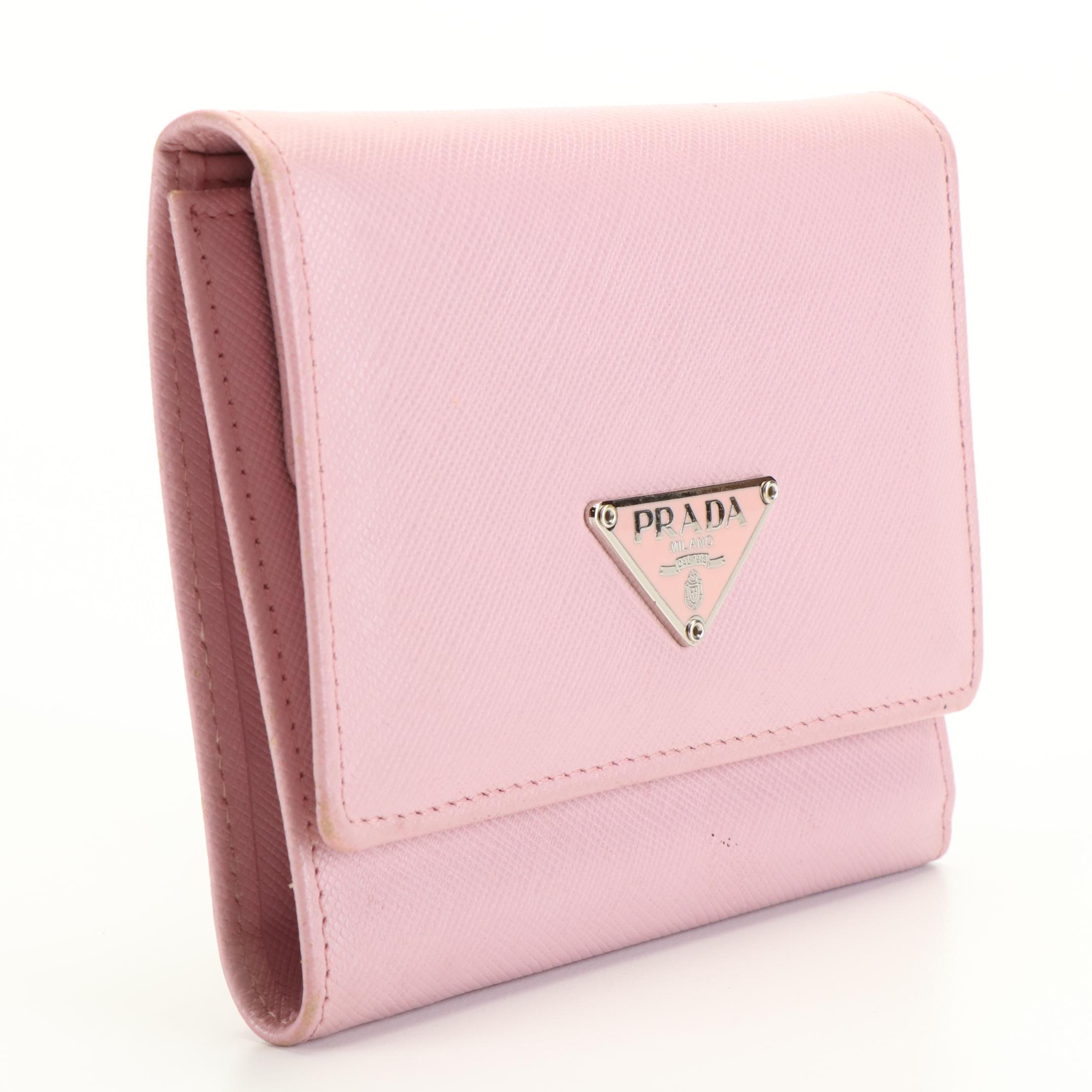 Prada Triangle Logo Pink Saffiano Leather Trifold Wallet