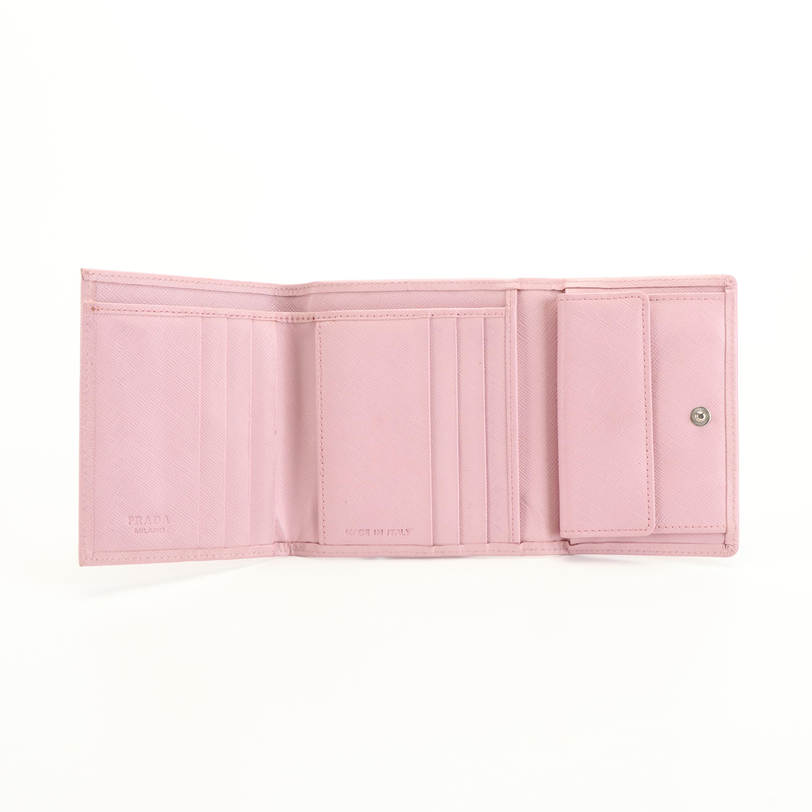 Prada Triangle Logo Pink Saffiano Leather Trifold Wallet