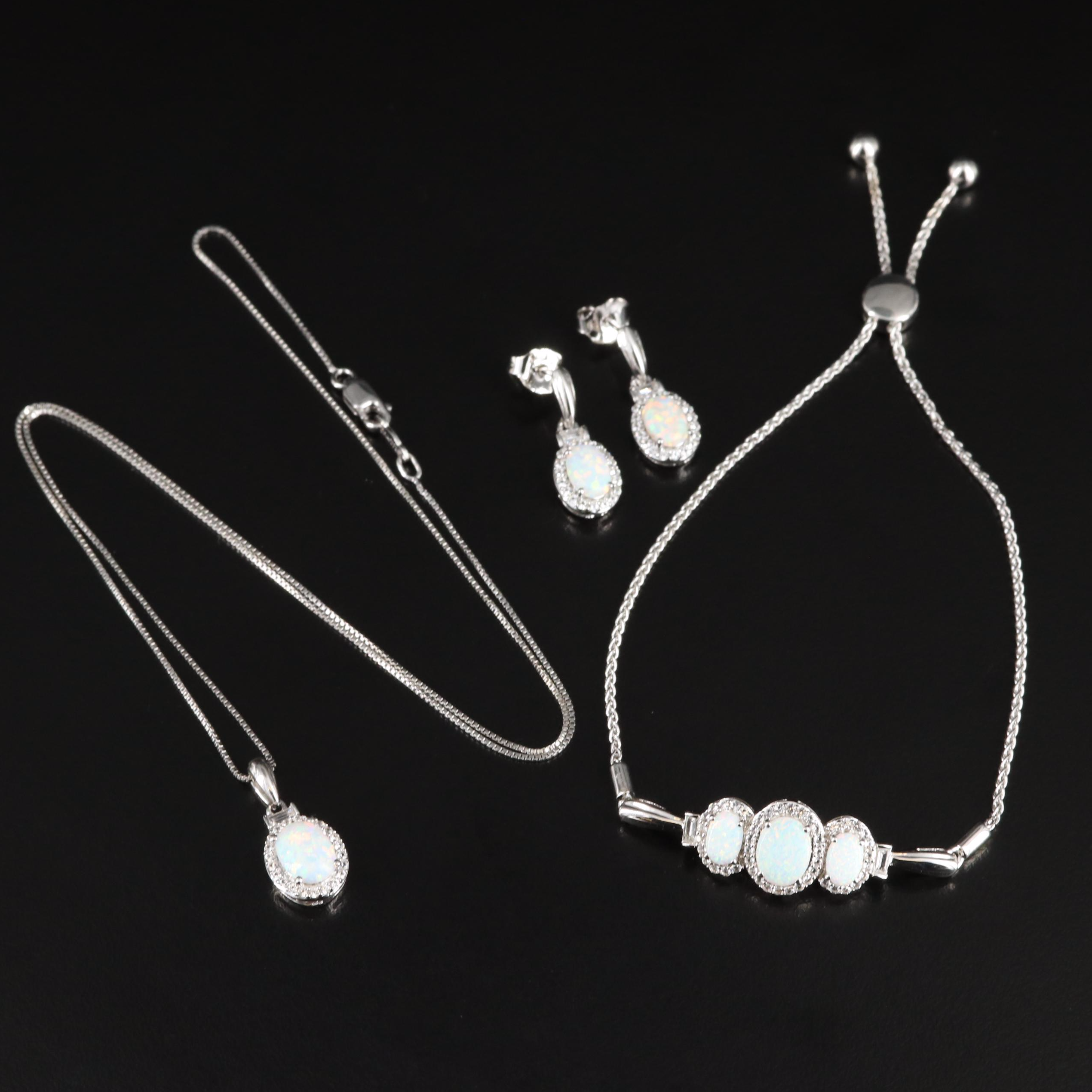 Sterling Opal and White Sapphire Necklace, Bracelet, and Earring Set